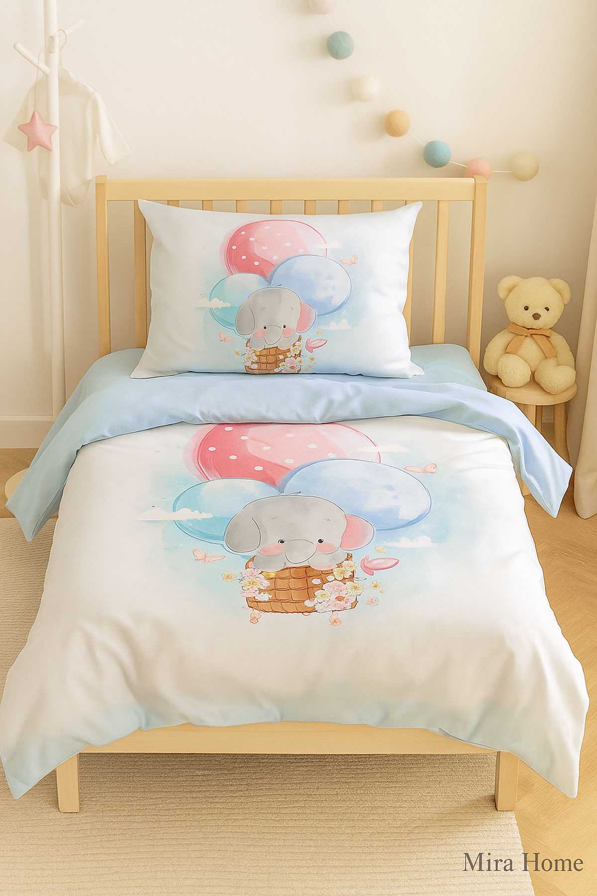 Dijital Baskılı 3d Pamuklu Yenidoğan Bebek Nevresim Takımı Elephant Baloon Blue