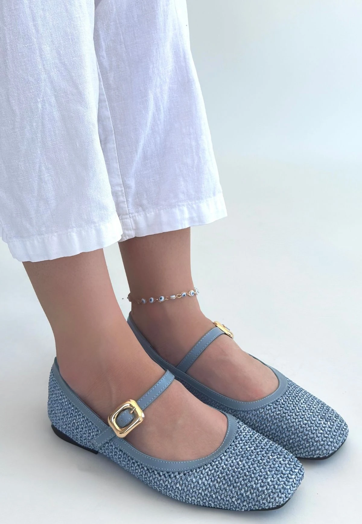 Rives Mavi Cilt Hasır Dokumalı Babet Ayakkabı