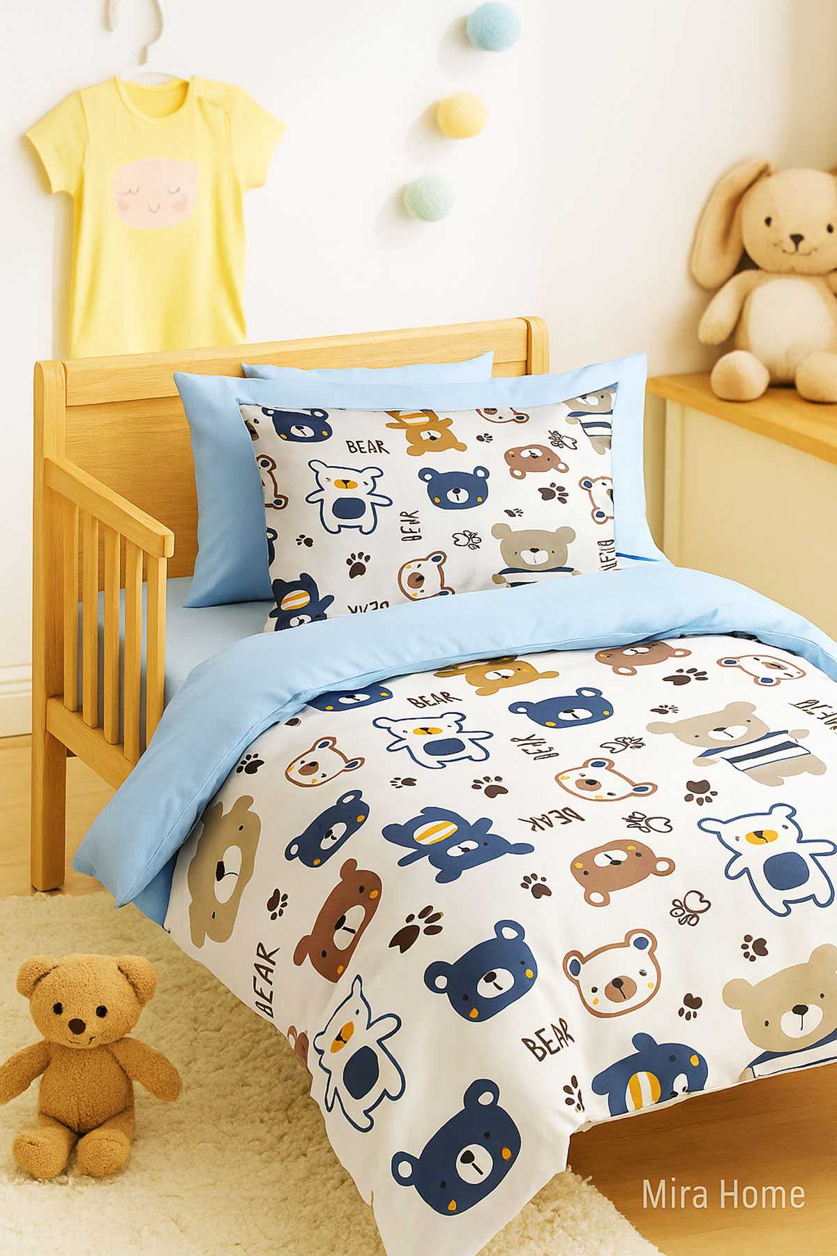 Dijital Baskılı 3d Pamuklu Yenidoğan Bebek Nevresim Takımı Bear Toy Blue