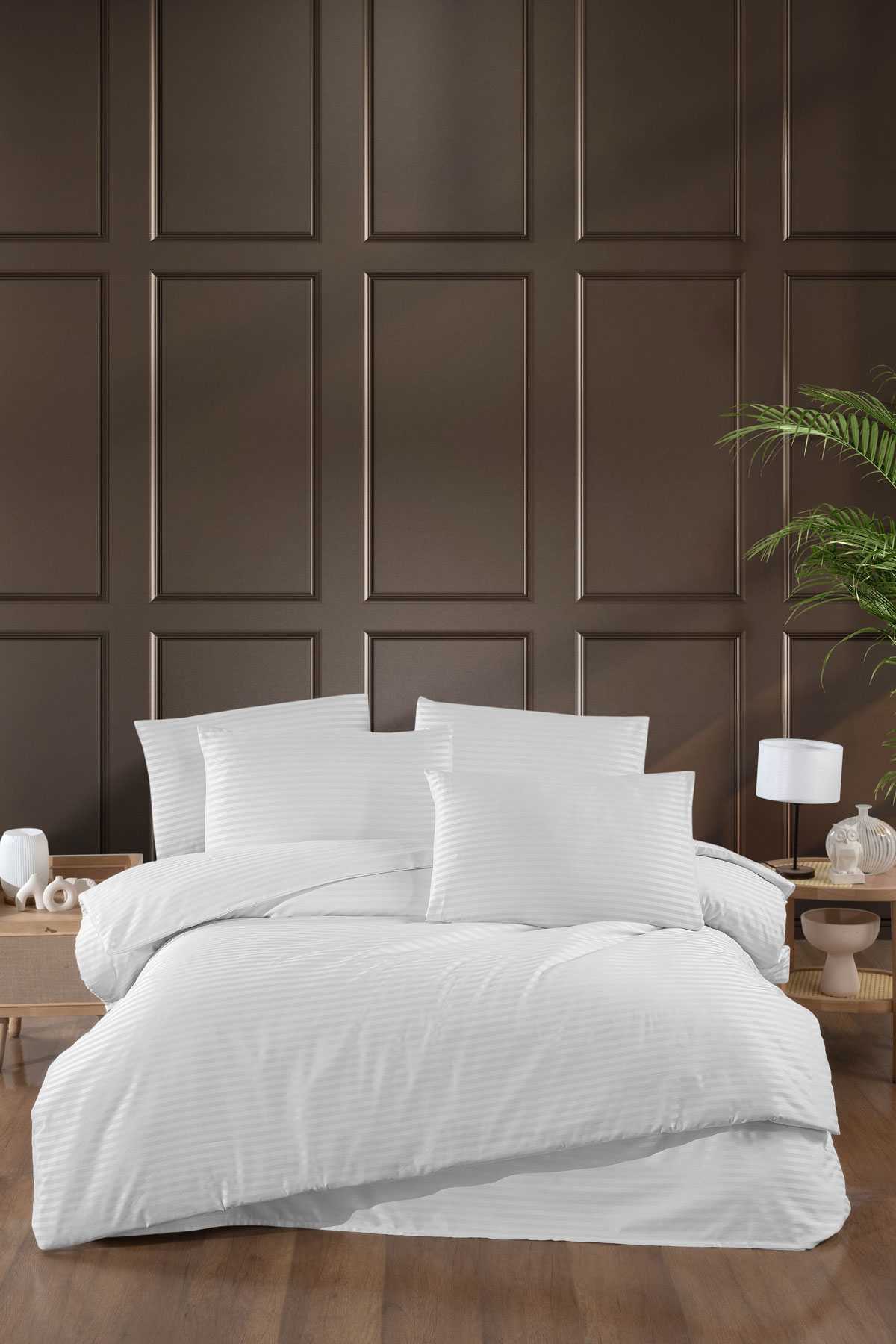 Stripe Saten Line Çift Kişilik Nevresim Takımı Beyaz