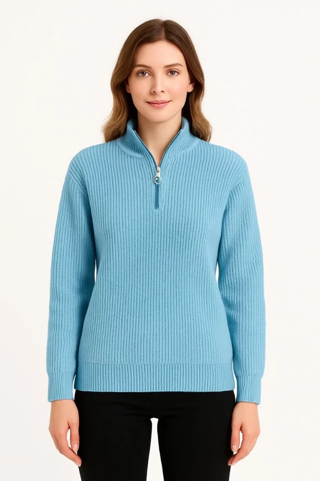 KADIN Yarım Fermuarlı Triko Kazak – Selanik Örgü, Dik Yaka, Pamuklu Dokuma, Oversize Uzun Kollu Kışlık Model - Bebe Mavisi