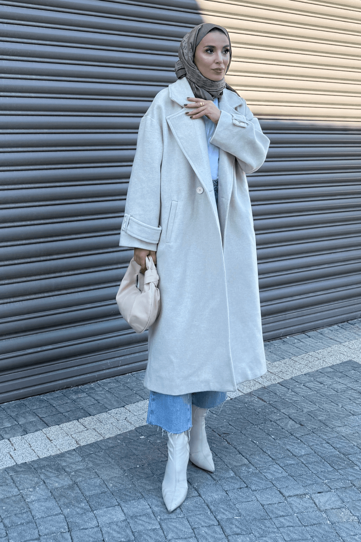 Oversize Kaşe Kaban  - Krem