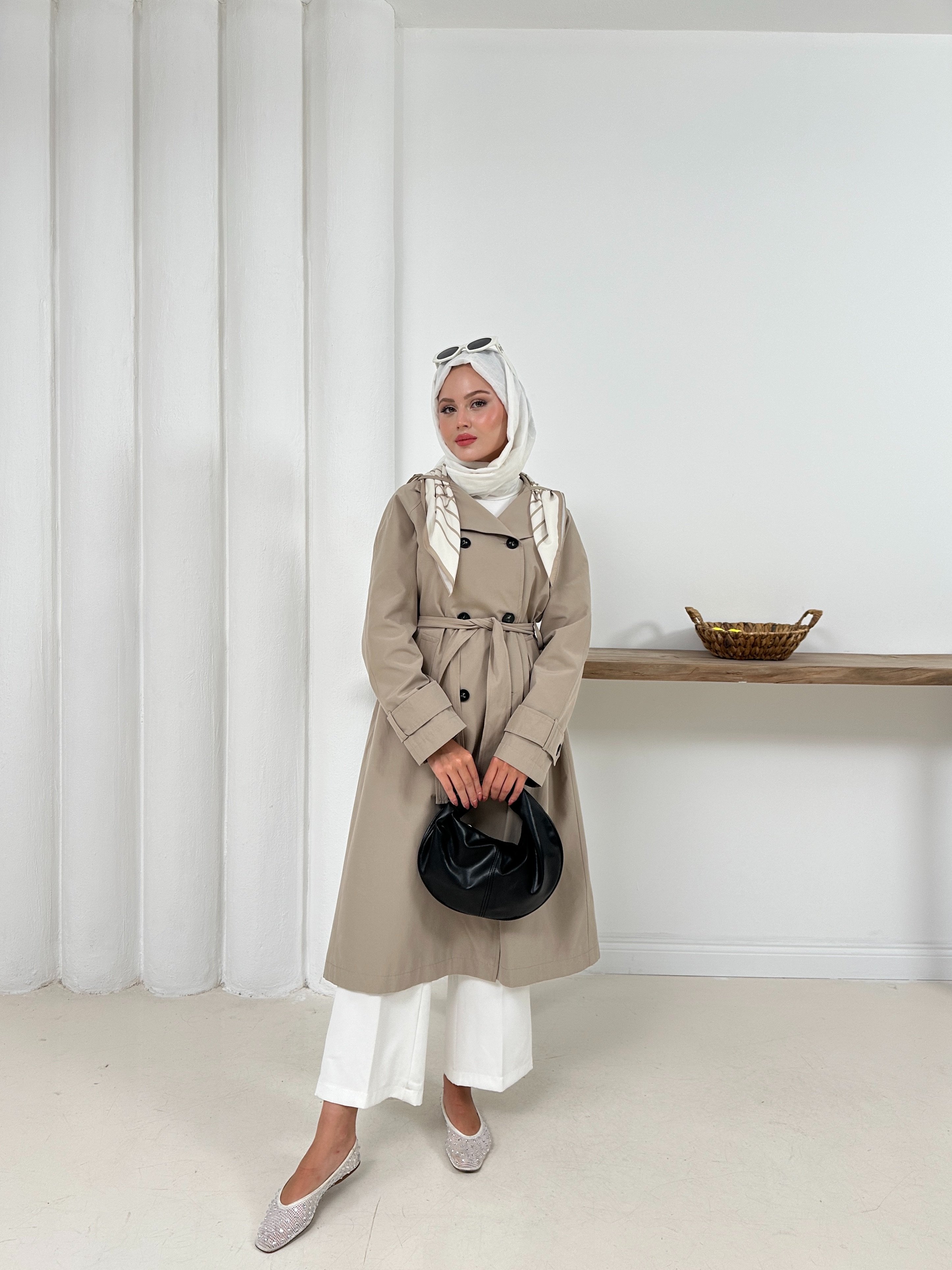 Ameda Fularlı Trench - Taş Rengi