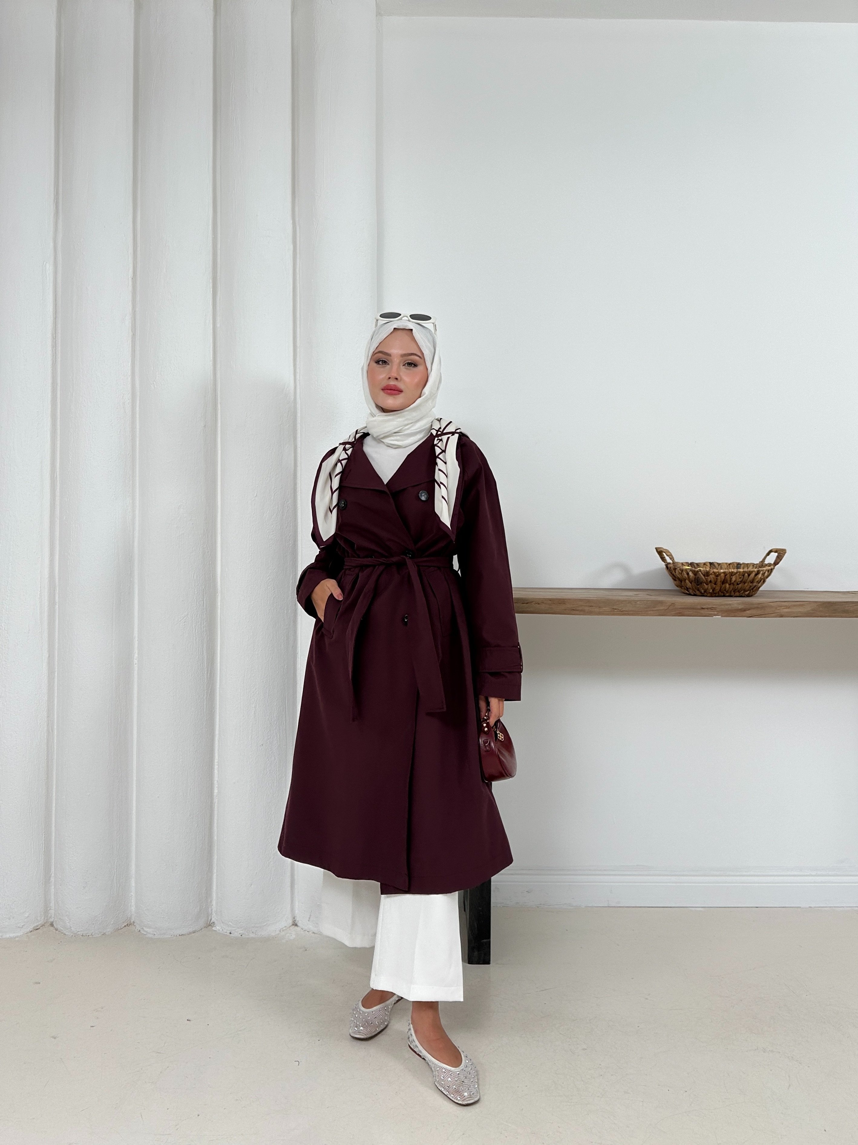 Ameda Fularlı Trench - Bordo