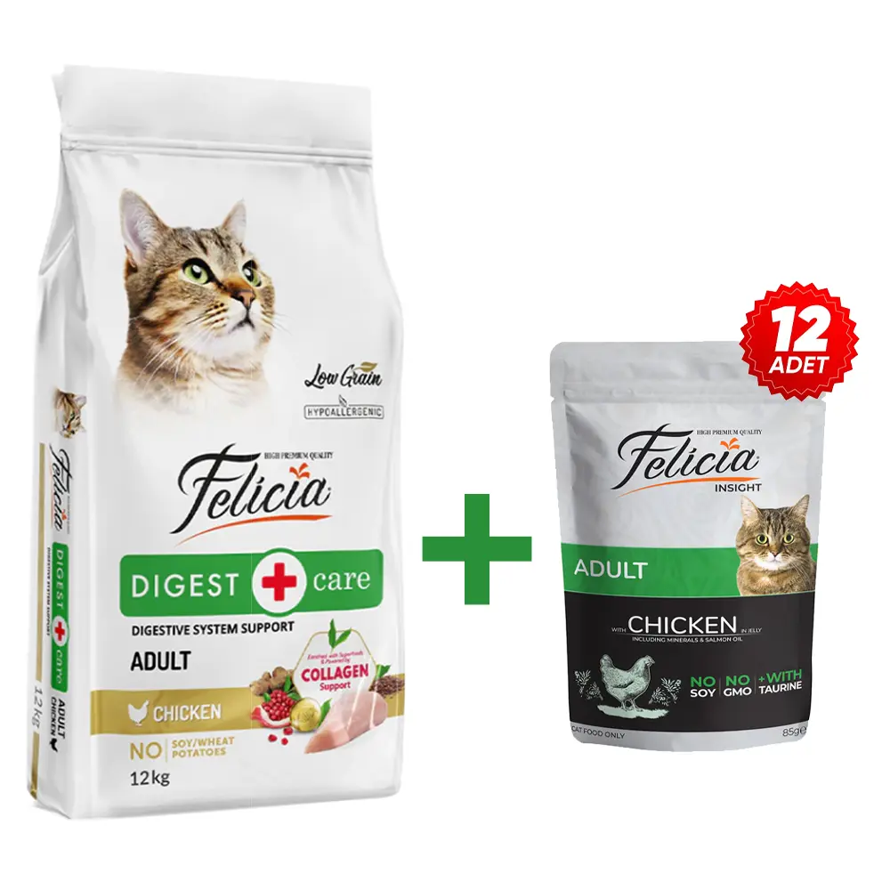 Felicia 12 Kg Kolajenli Tavuklu Az Tahıllı Yetişkin Kedi Maması +12 adet Tavuklu Pouch