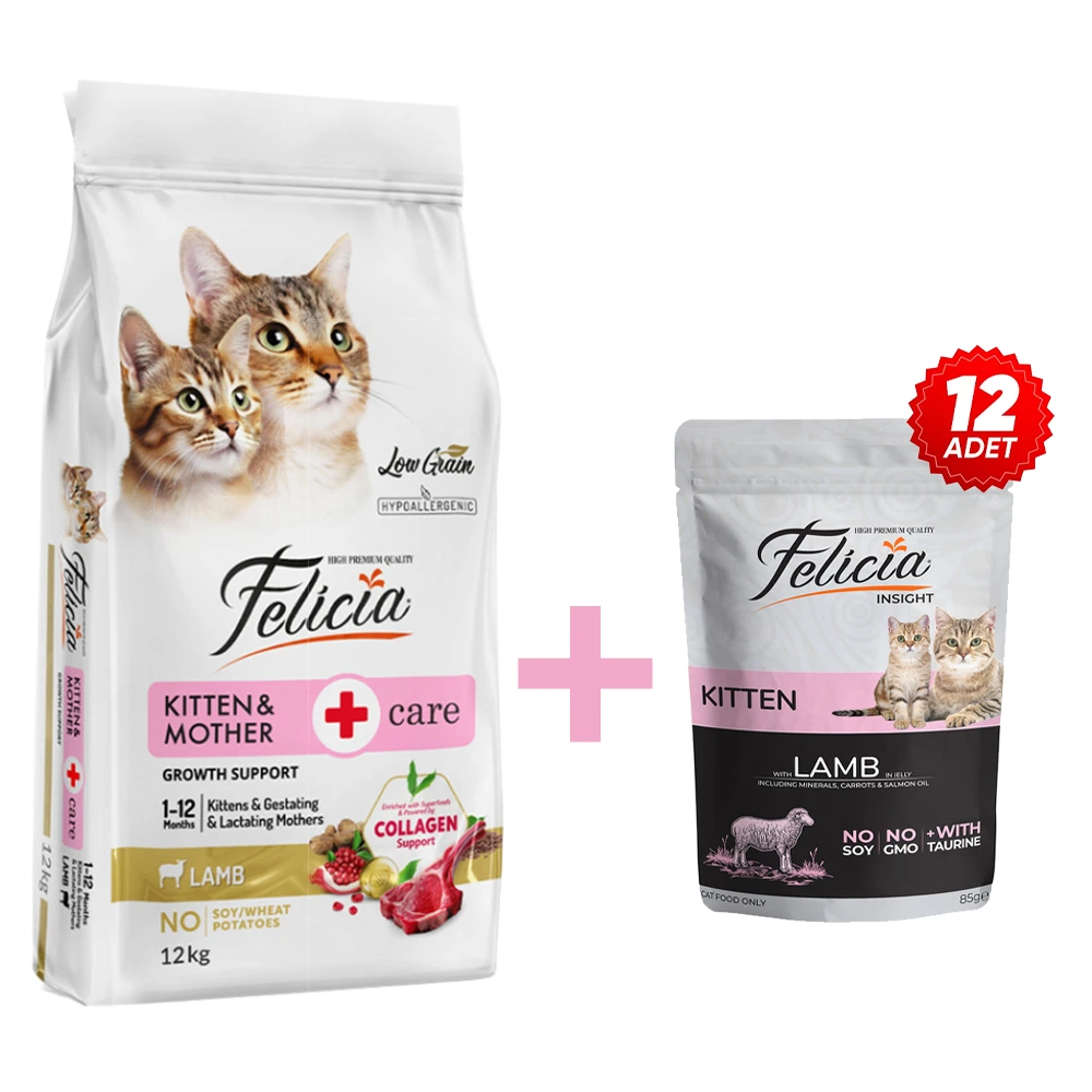Felicia 12 Kg Kolajenli Kuzulu Az Tahıllı Yavru Kedi Maması+12 adet Yavru Kuzulu Pouch