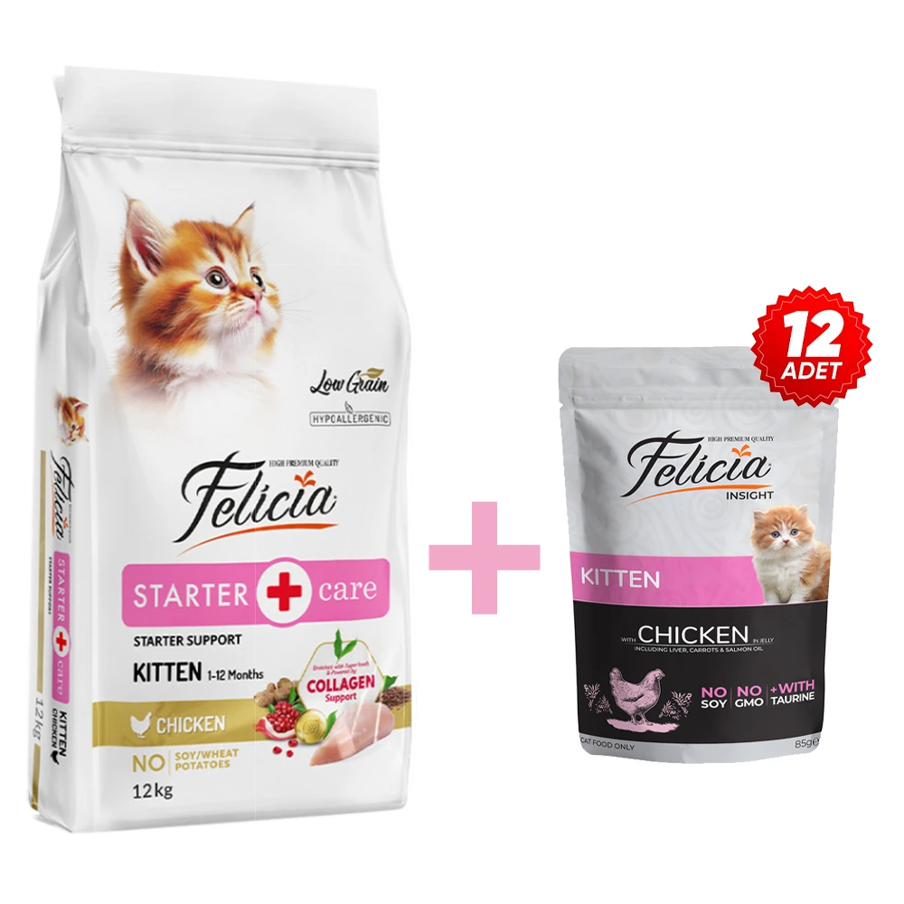 Felicia 12 Kg Kolajenli Tavuklu Az Tahıllı Yavru Kedi Maması+12adet Yavru Tavuklu Pouch