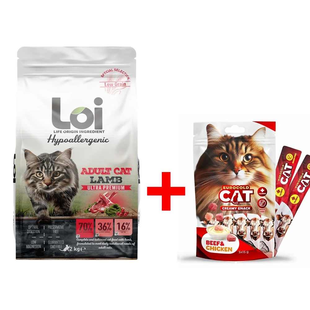 Loi Yetişkin Kuzulu Kedi Maması 2 Kg+EuroGold Cat 5 li Sıvı Kedi Ödülü Dana – Tavuk Etli