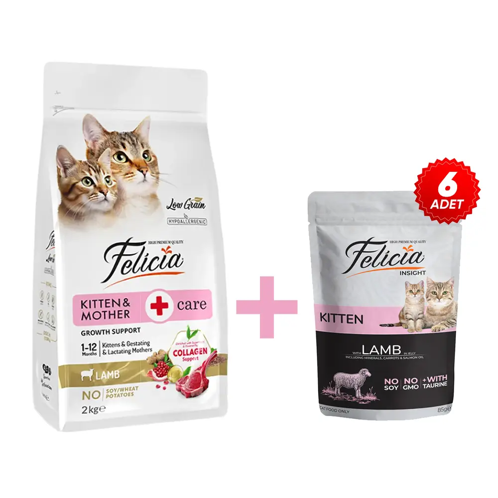 Felicia 2 Kg Kolajenli Kuzulu Az Tahıllı Yavru Kedi Maması+6 adet Yavru Kuzulu Pouch