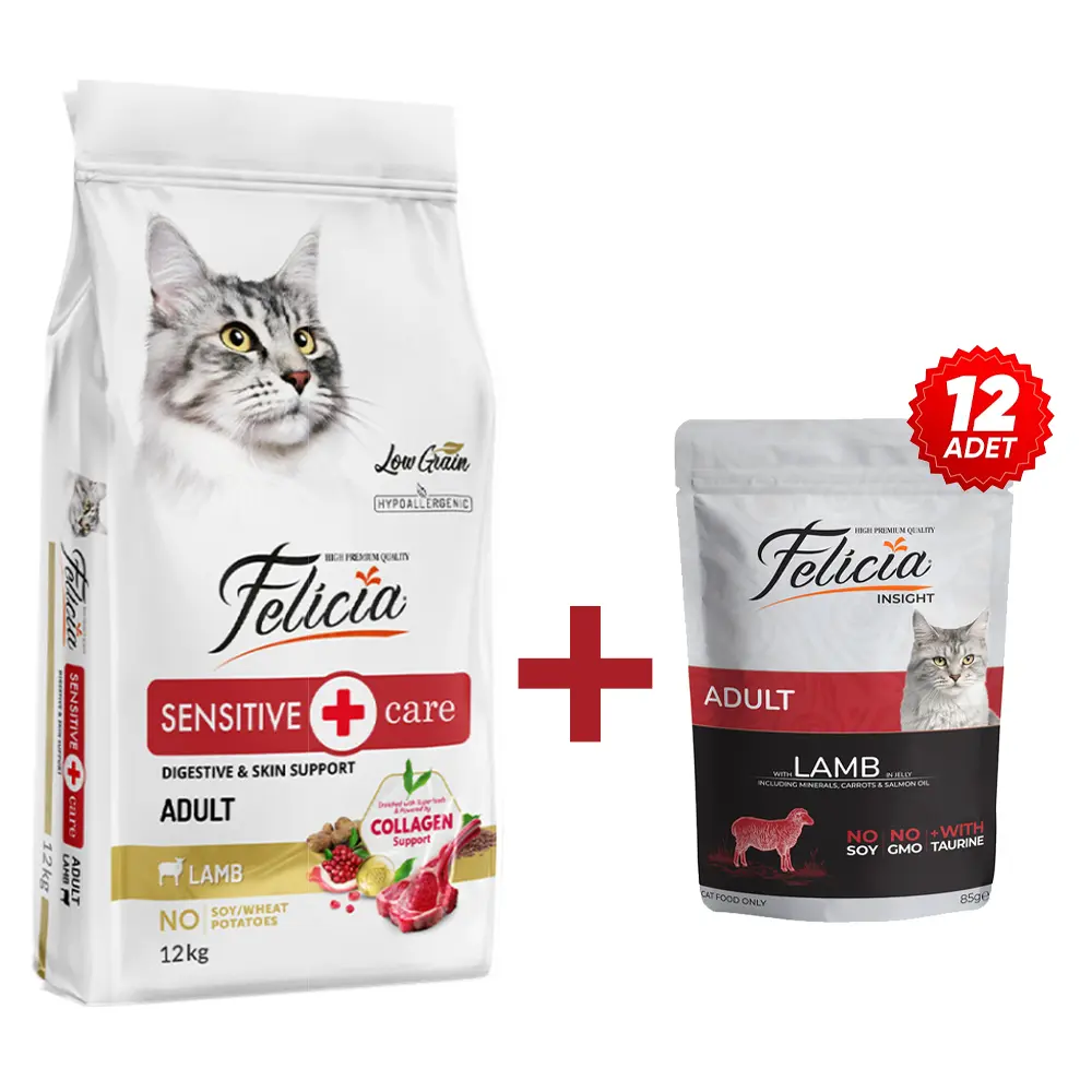 Felicia 12 Kg Kolajenli Kuzulu Az Tahıllı Yetişkin Kedi Maması +12 adet Kuzulu Pouch