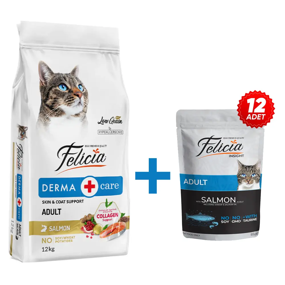 Felicia 12 Kg Kolajenli Somonlu Az Tahıllı Yetişkin Kedi Maması+12 adet Somon Pouch
