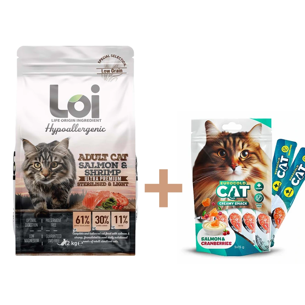 Loi Yetişkin Kısırlaştırılmış Somon ve Karidesli Kedi Maması 2 Kg+Eurocat Somonlu 5 li Sıvı Ödül Maması