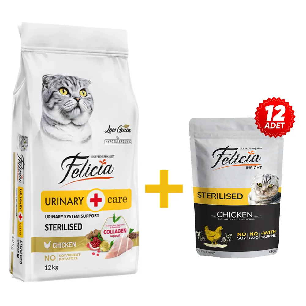 Felicia 12 Kg Kolajenli Tavuklu Az Tahıllı Kısırlaştırılmış Kedi Maması+12 adet Kısır Tavuk Pouch