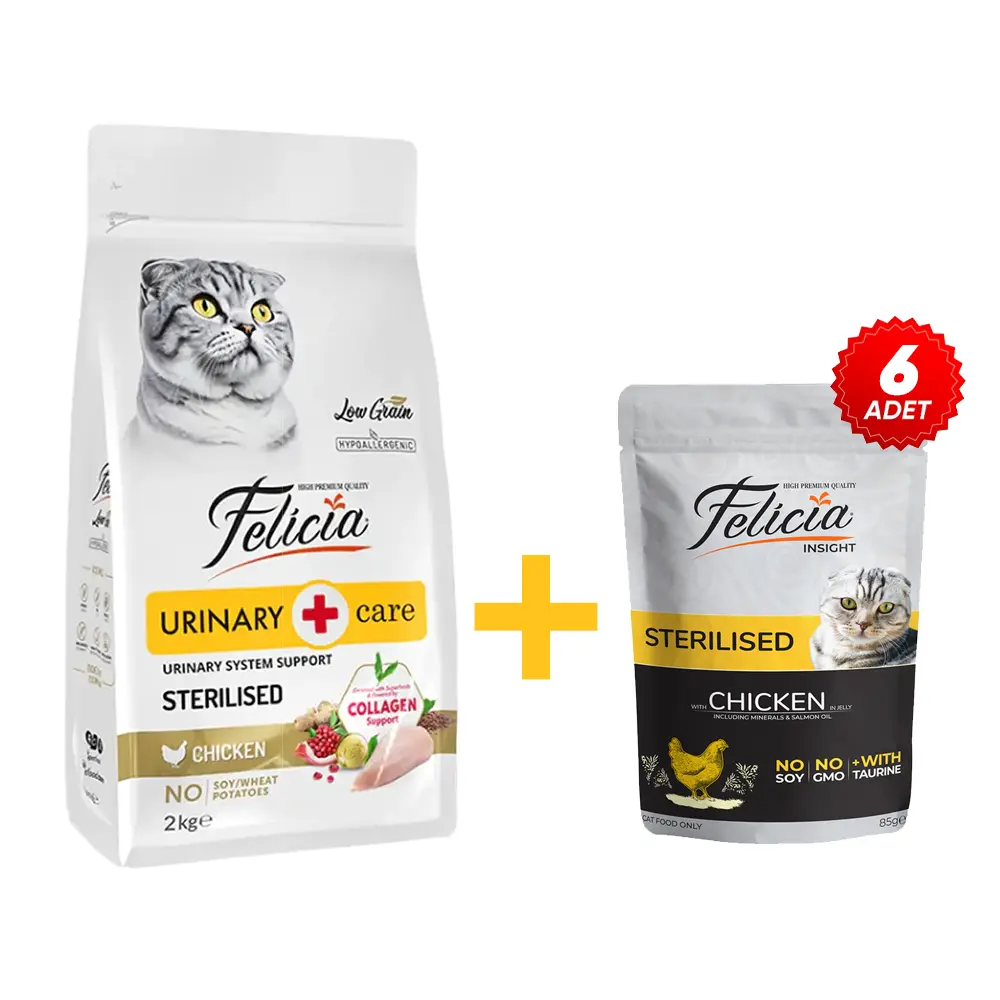 Felicia 2 Kg Kolajenli Tavuklu Az Tahıllı Kısırlaştırılmış Kedi Maması+6 adet Kısır Tavuk Pouch