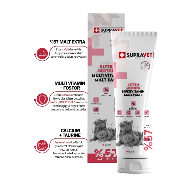 Supravet Hamile ve Yavru Kediler için Kalsiyum ve Taurinli Multi Vitamin Kedi Macunu 100 Gr. ( Extra Malt )