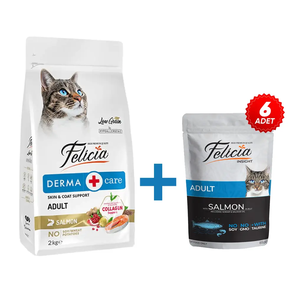Felicia 2 Kg Kolajenli Somonlu Az Tahıllı Yetişkin Kedi Maması+6 adet Somonlu Pouch