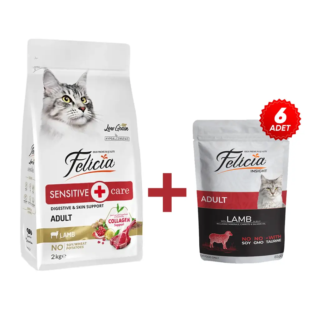 Felicia 2 Kg Kolajenli Kuzulu Az Tahıllı Kuru Mama+6 adet Kuzulu Pouch