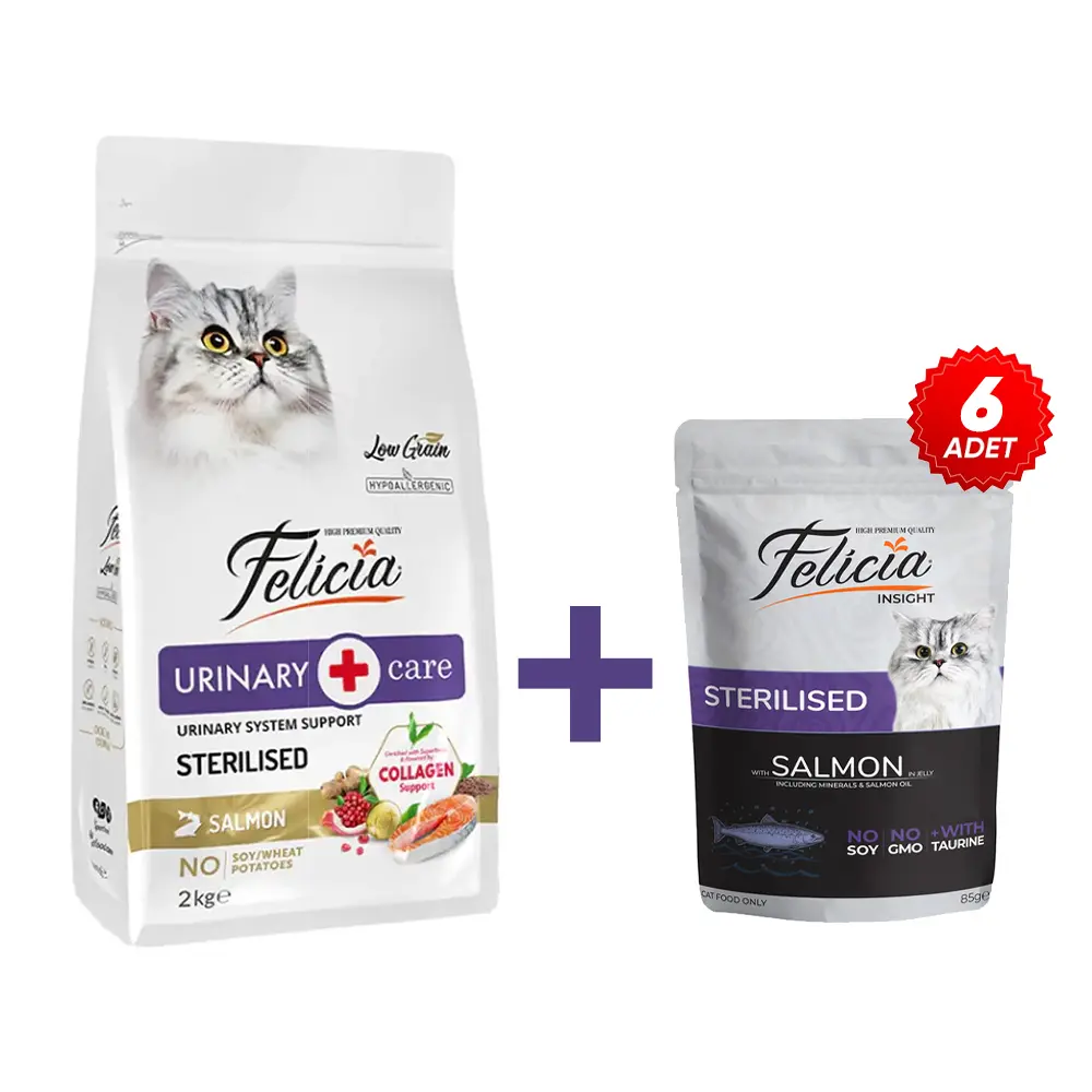 Felicia 2 Kg Kolajenli Somonlu Az Tahıllı Kısırlaştırılmış Kedi Maması+6 adet Kısır Somon Pouch