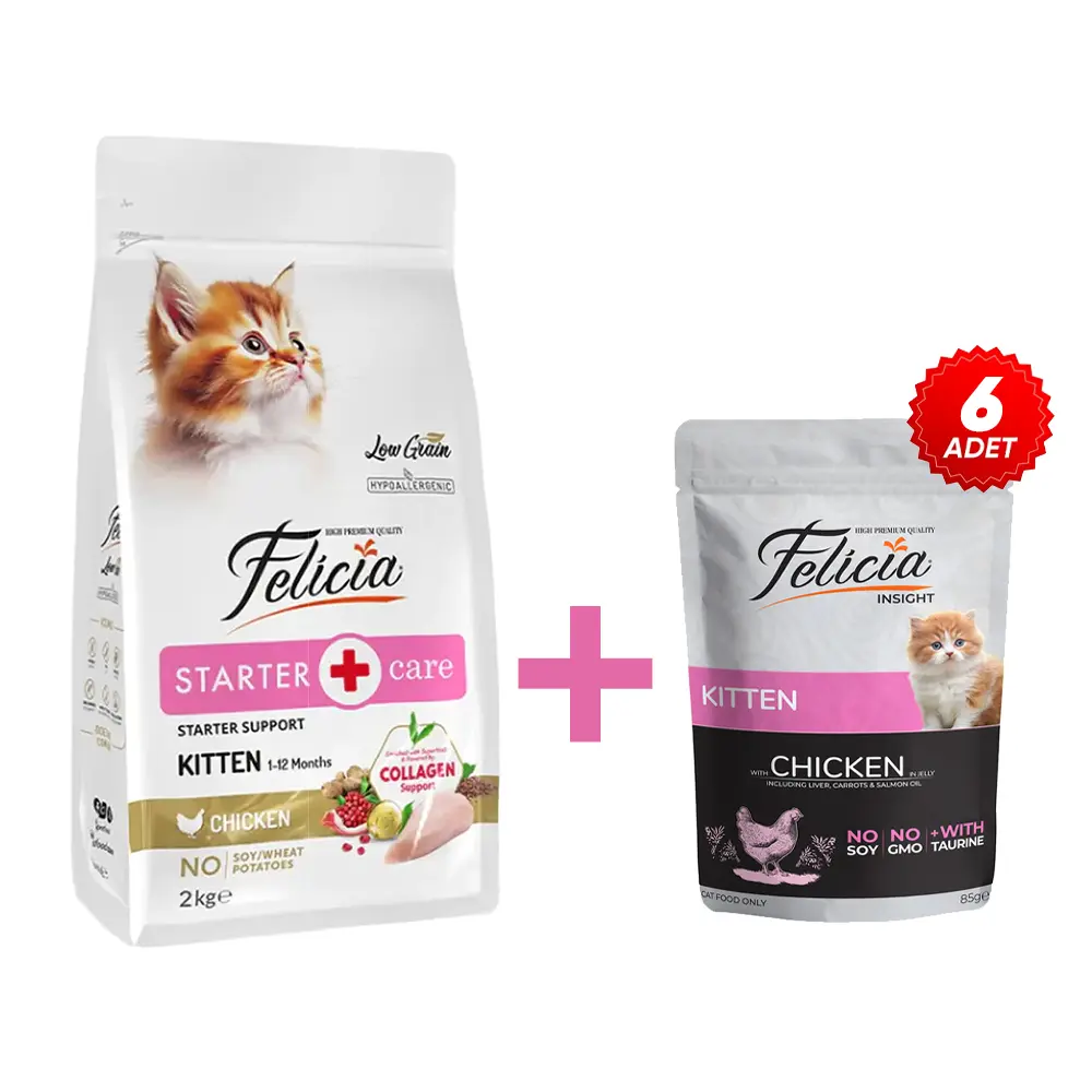 Felicia 2 Kg Kolajenli Tavuklu Az Tahıllı Yavru Kedi Maması+6 adet Yavru Tavuklu Pouch