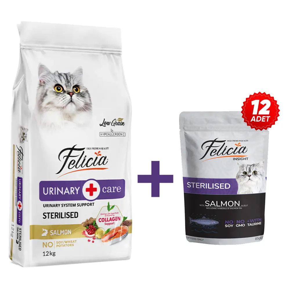 Felicia 12 Kg Kolajenli Somonlu Az Tahıllı Kısırlaştırılmış Kedi Maması+12 adet Kısır Somon Pouch