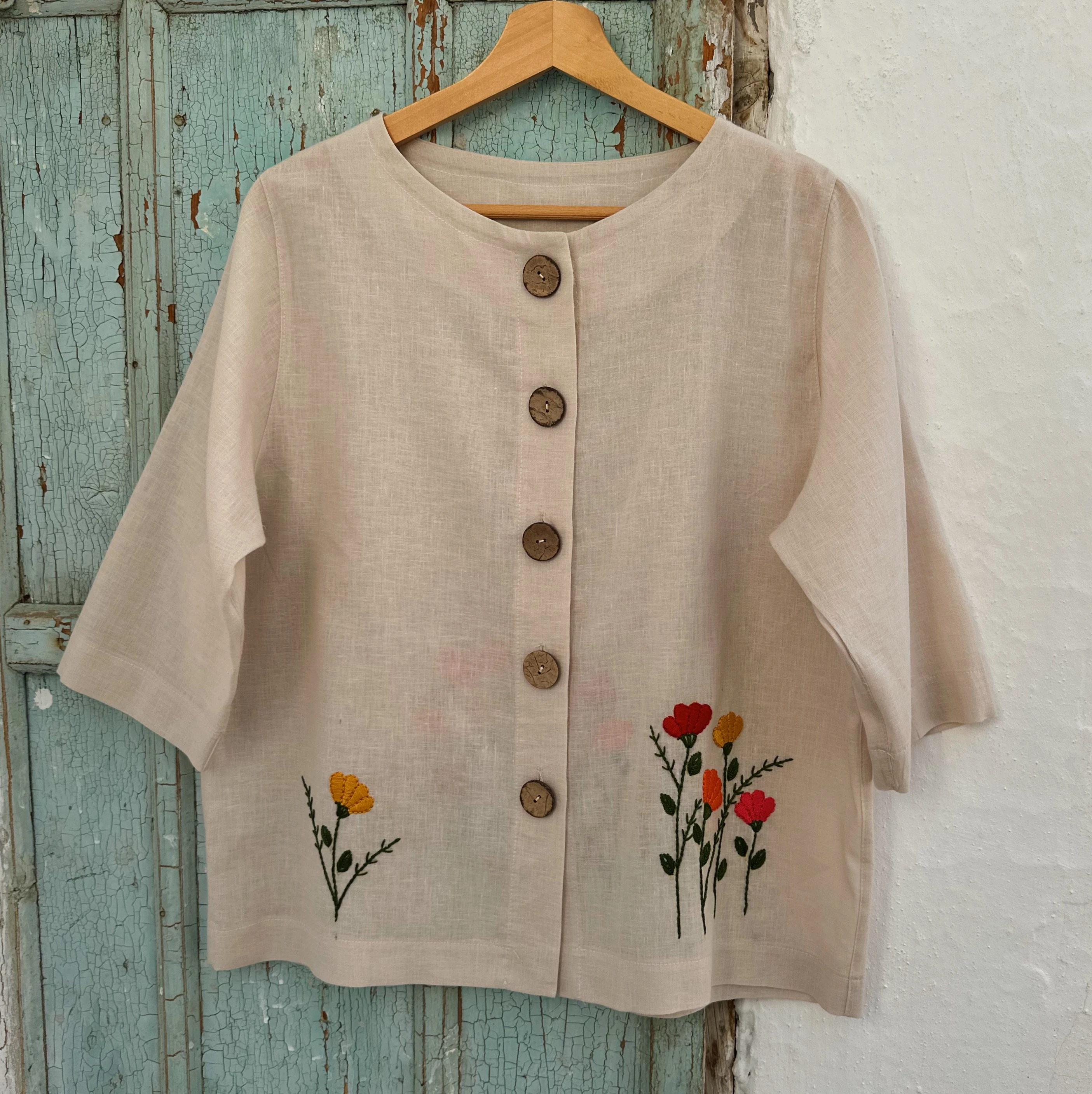 Bahar Çiçekleri El Nakışlı İpek Keten Ceket (Standart Beden)