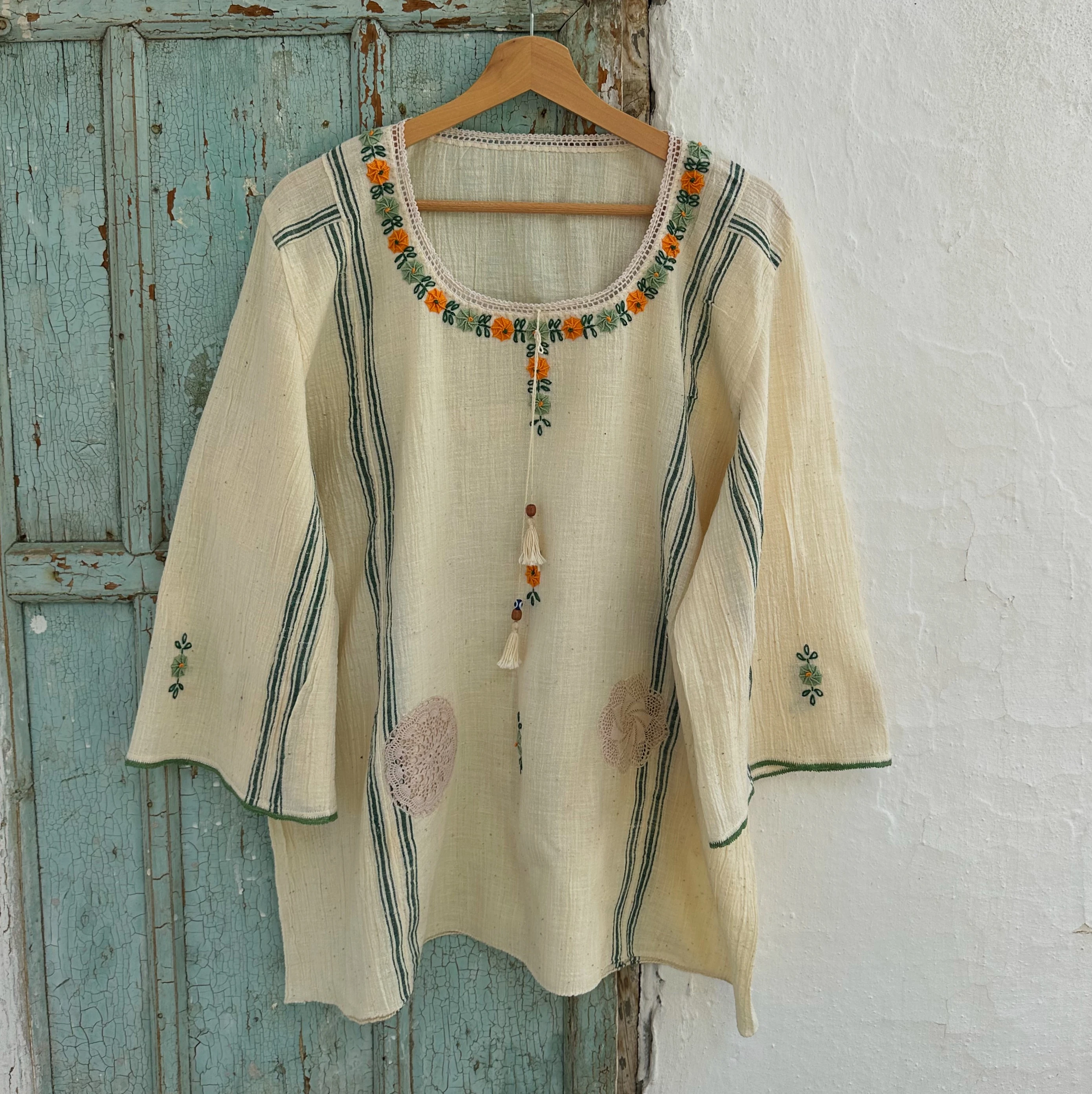 Turuncu Yeşil Çiçekli Göynek (50-52 Beden)