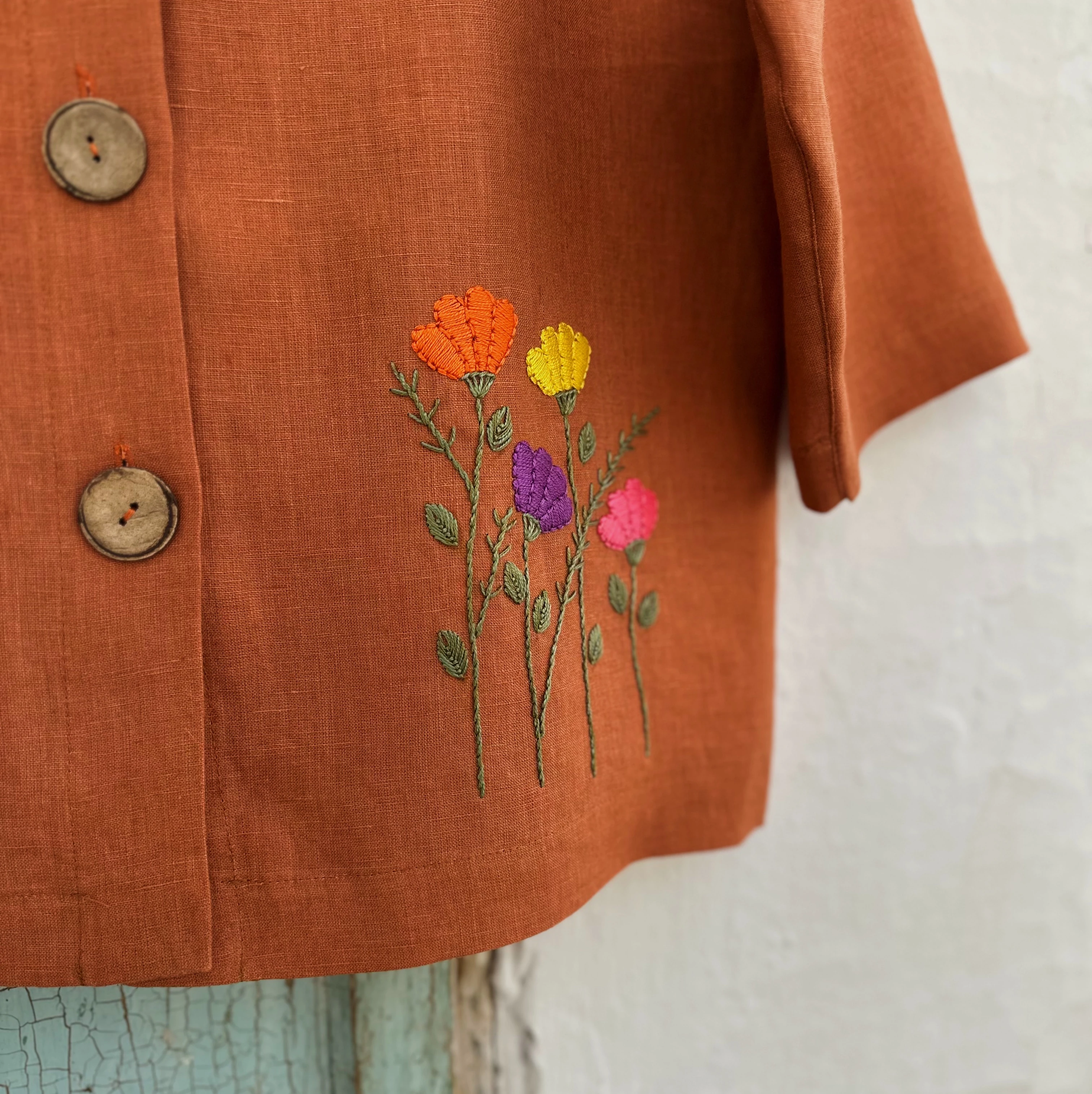 Bahar Çiçekleri El Nakışlı İpek Keten Ceket (Standart Beden)