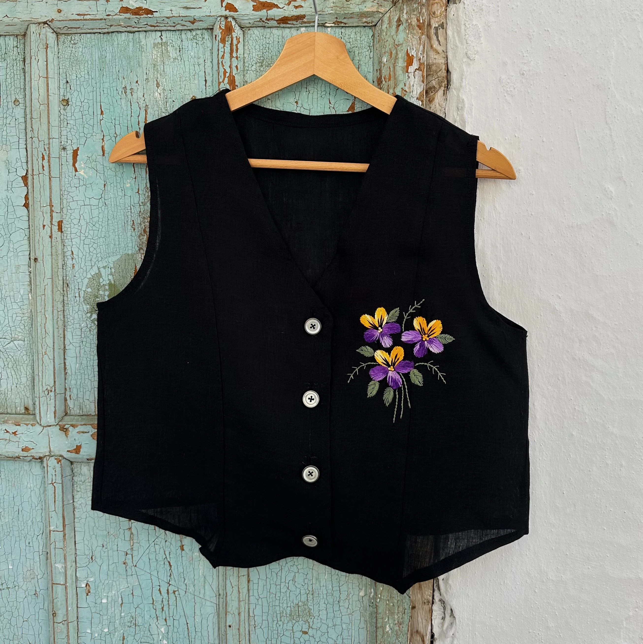 Menekşe El Nakışlı İpek Keten Yelek (38 Beden)