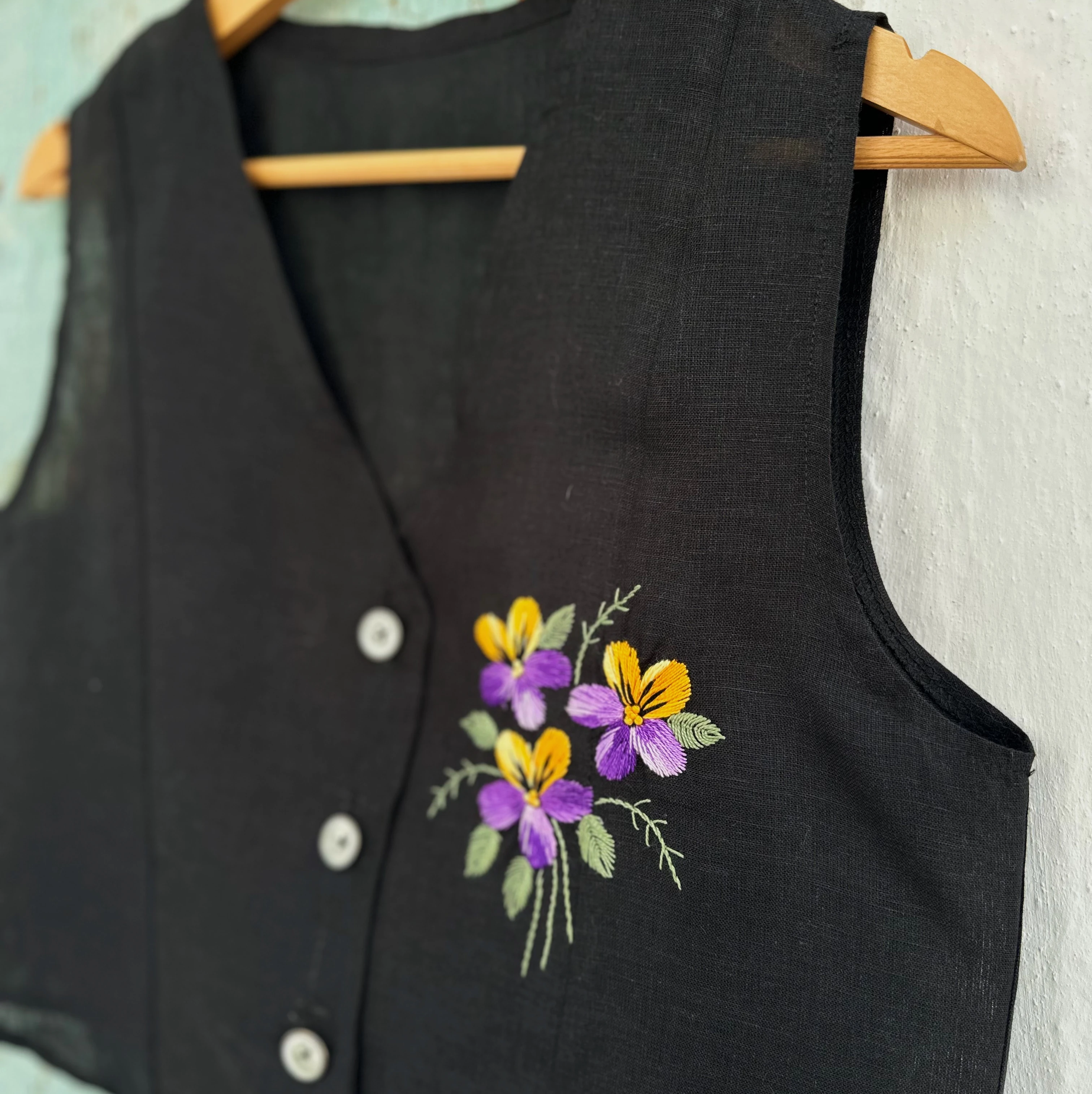 Menekşe El Nakışlı İpek Keten Yelek (38 Beden)