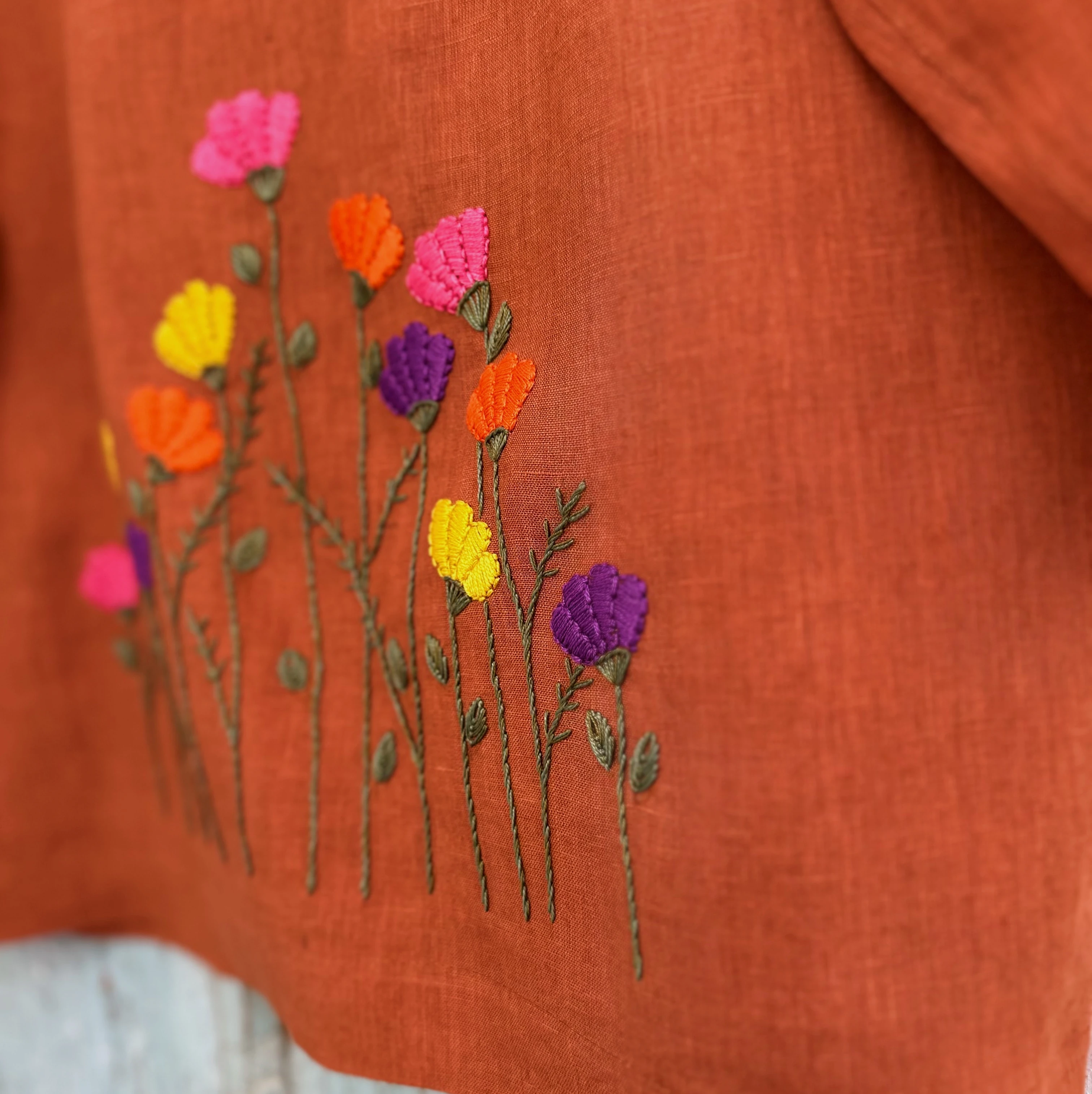 Bahar Çiçekleri El Nakışlı İpek Keten Ceket (Standart Beden)