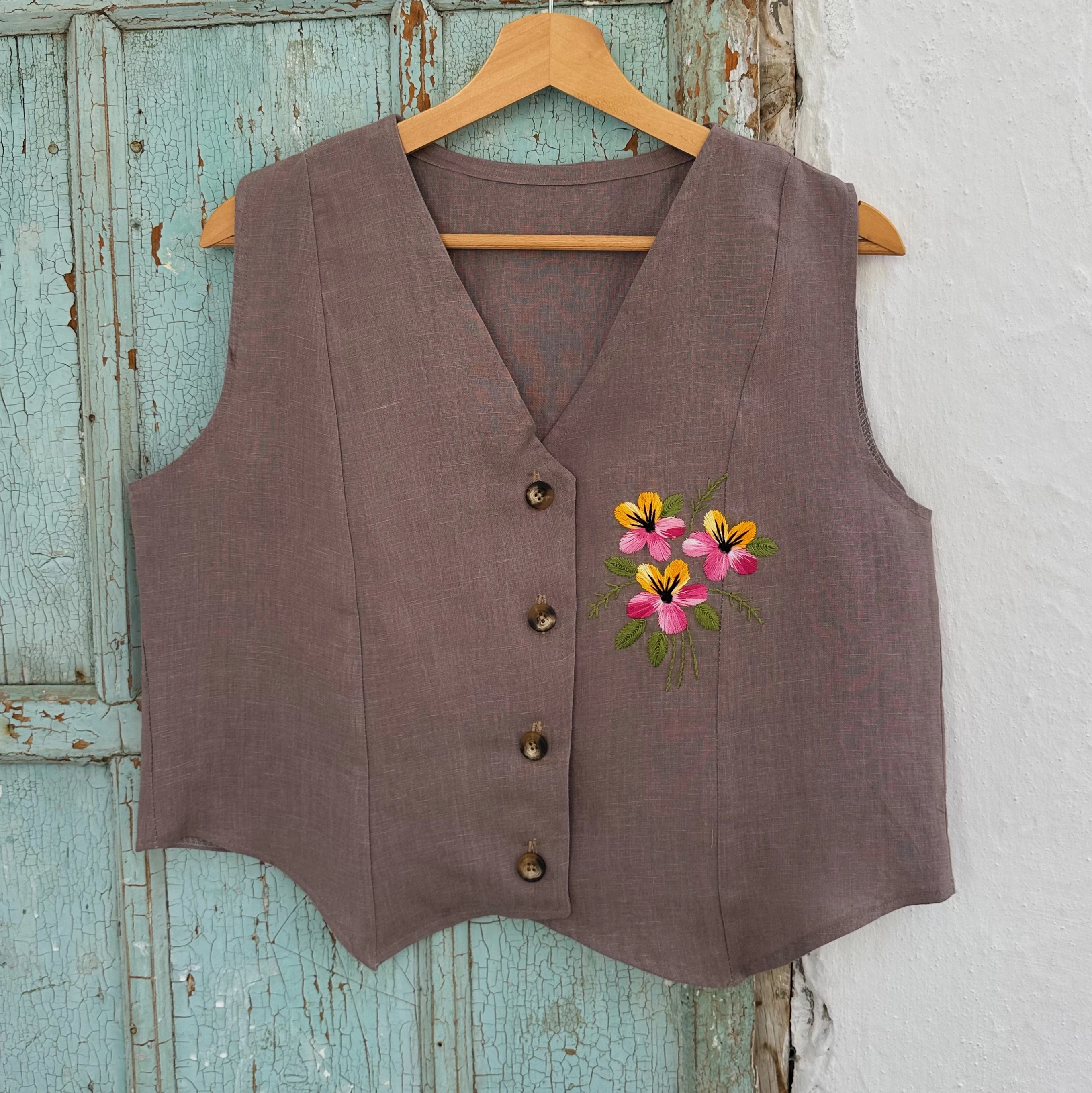 Menekşe El Nakışlı İpek Keten Yelek (40-42 Beden)