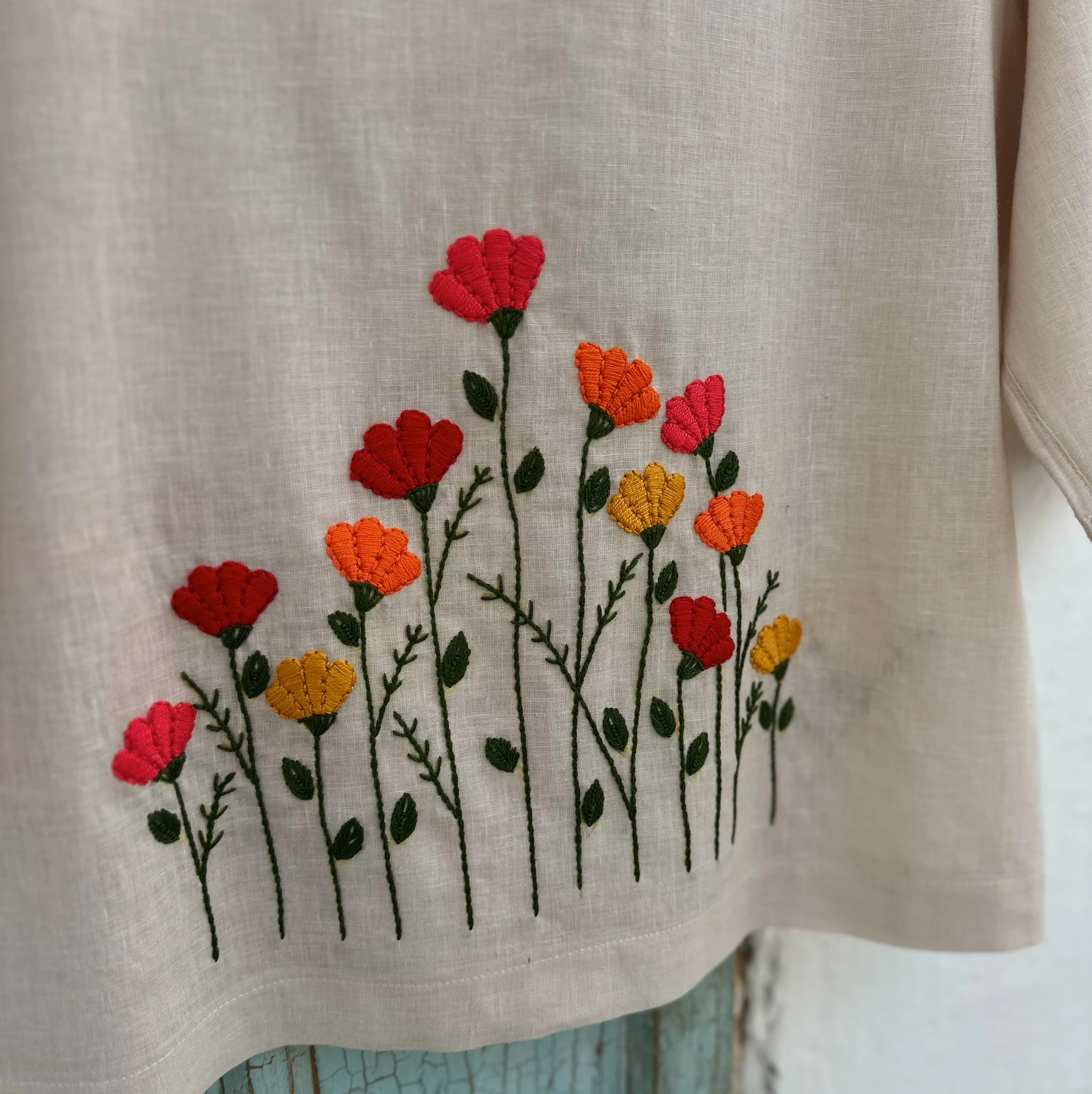 Bahar Çiçekleri El Nakışlı İpek Keten Ceket (Standart Beden)