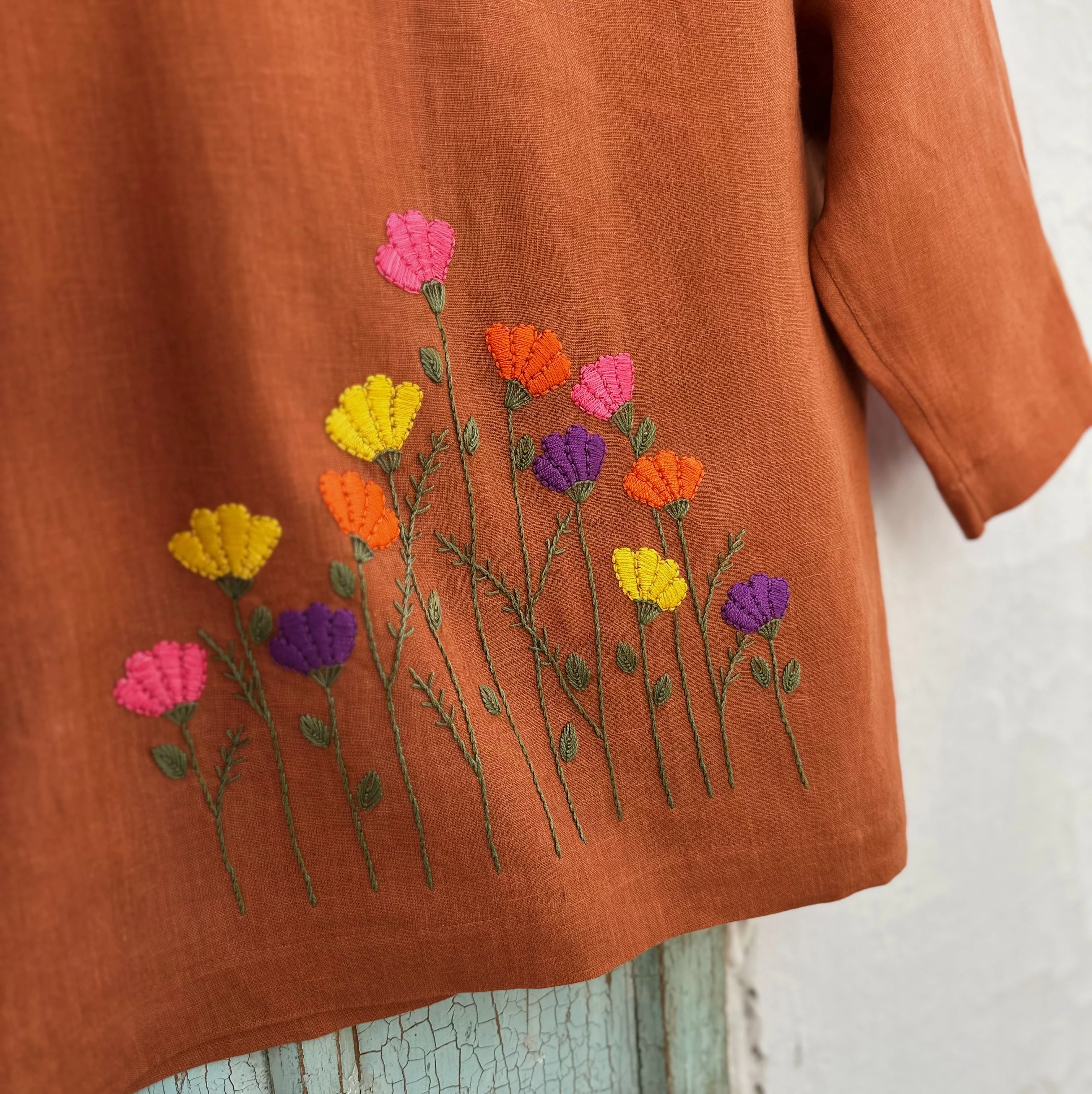 Bahar Çiçekleri El Nakışlı İpek Keten Ceket (Standart Beden)