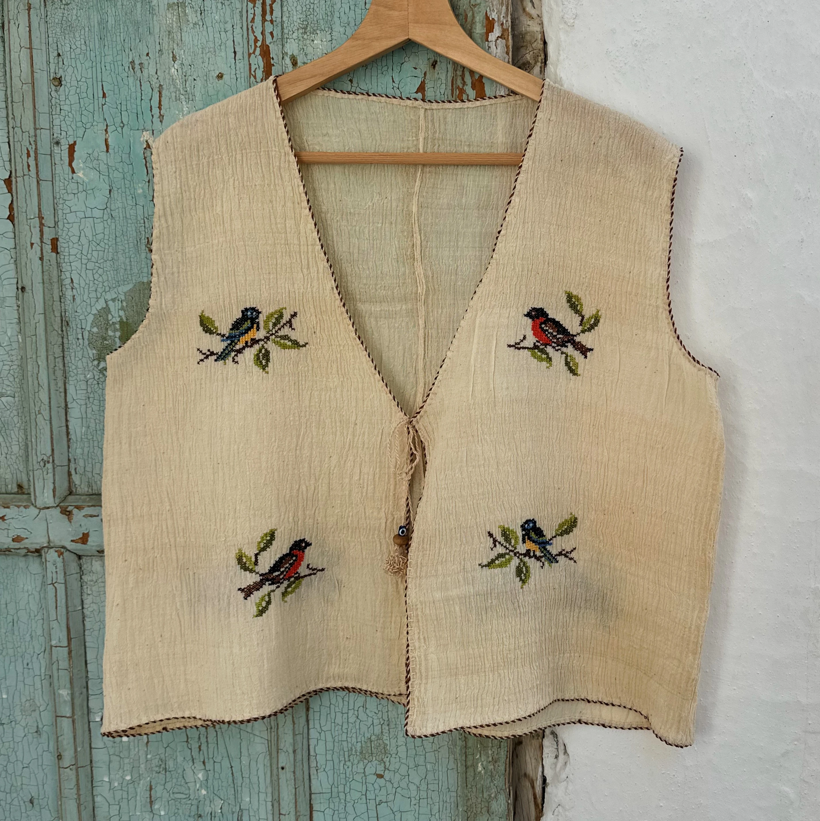 Kuşlar El Nakışlı Dokuma Yelek (42-44 Beden)