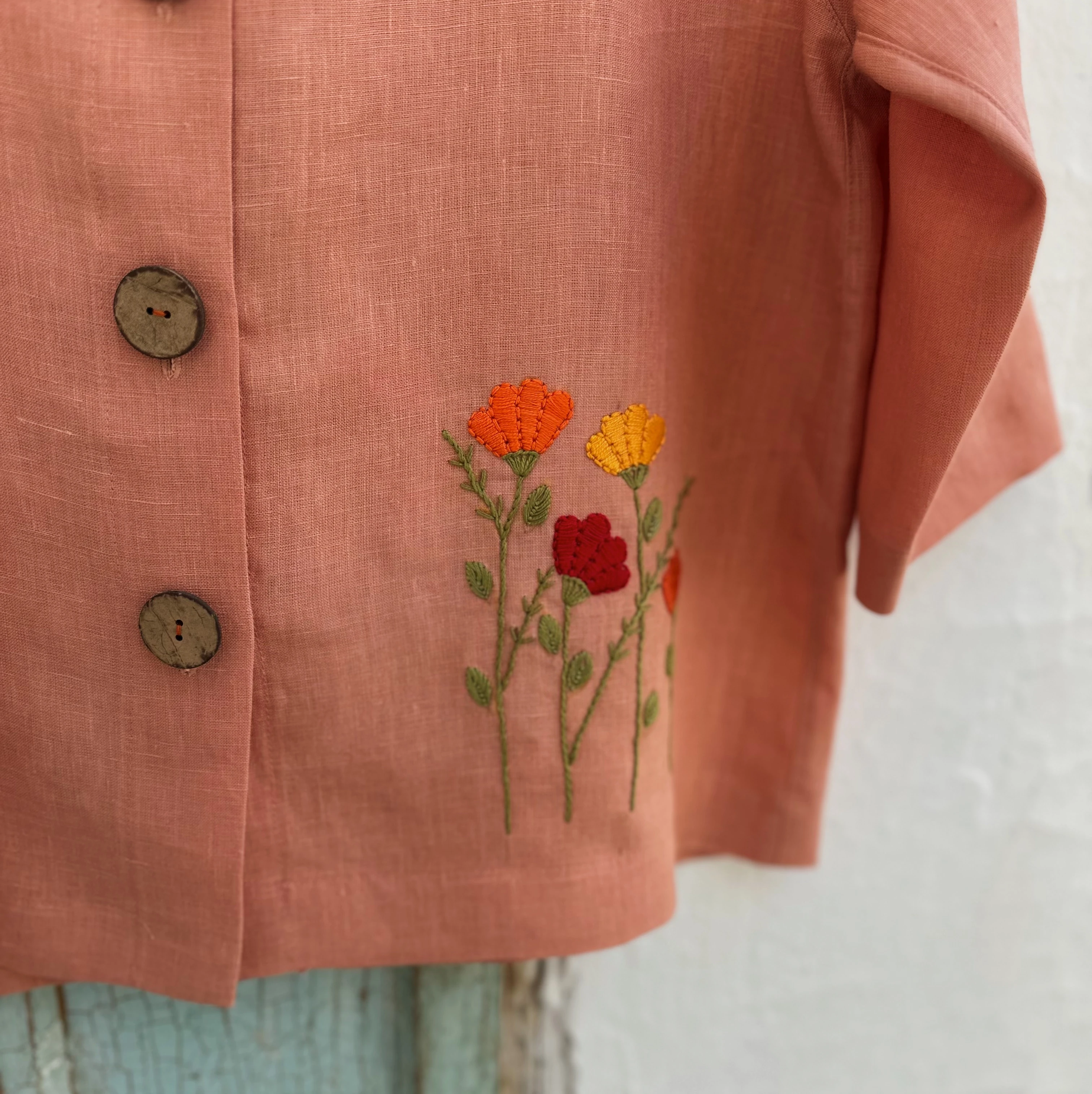 Bahar Çiçekleri El Nakışlı İpek Keten Ceket (Standart Beden)