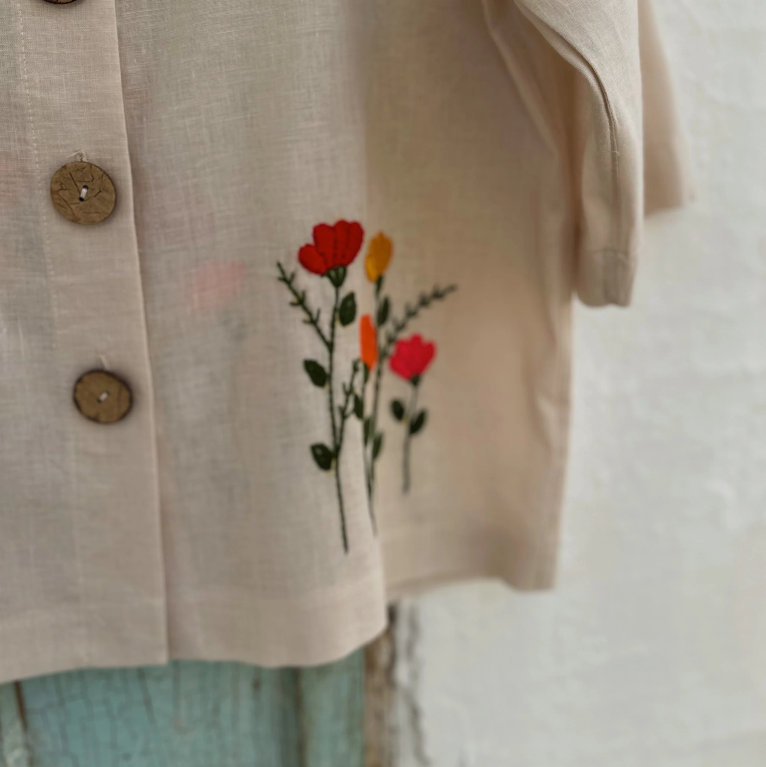 Bahar Çiçekleri El Nakışlı İpek Keten Ceket (Standart Beden)