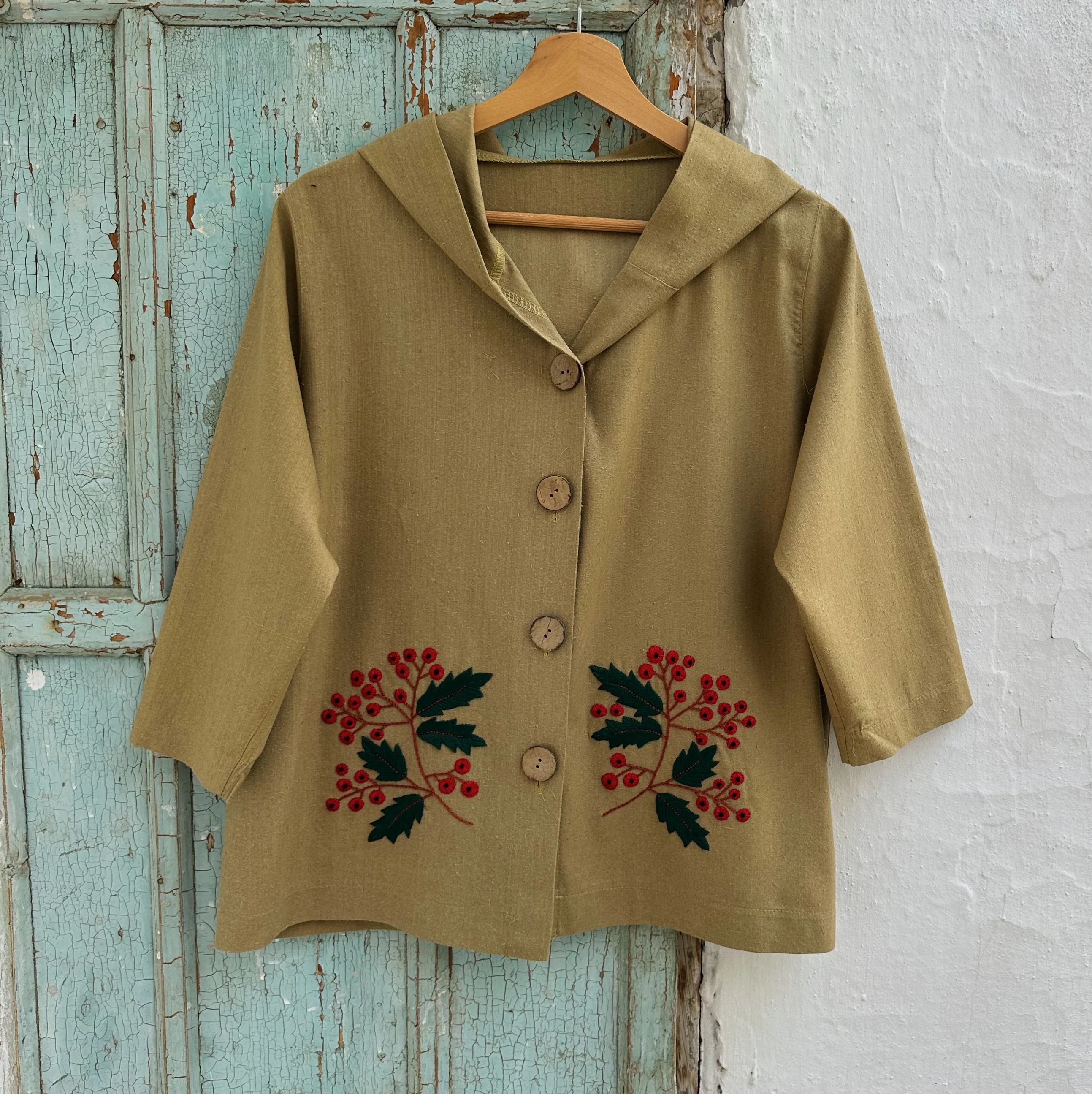 Kokina El Nakışlı Yün Keten Ceket (Standart Beden)