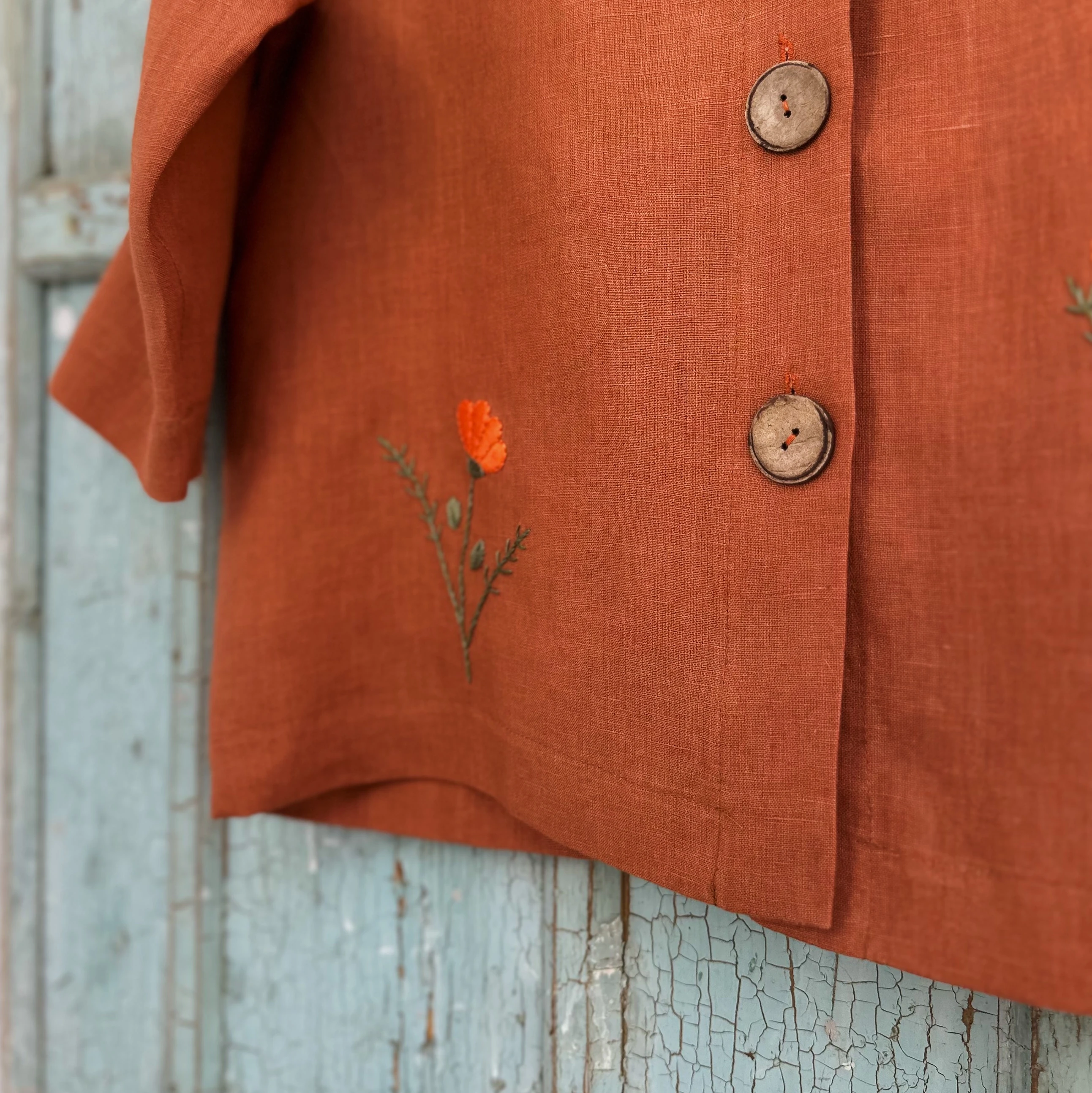 Bahar Çiçekleri El Nakışlı İpek Keten Ceket (Standart Beden)