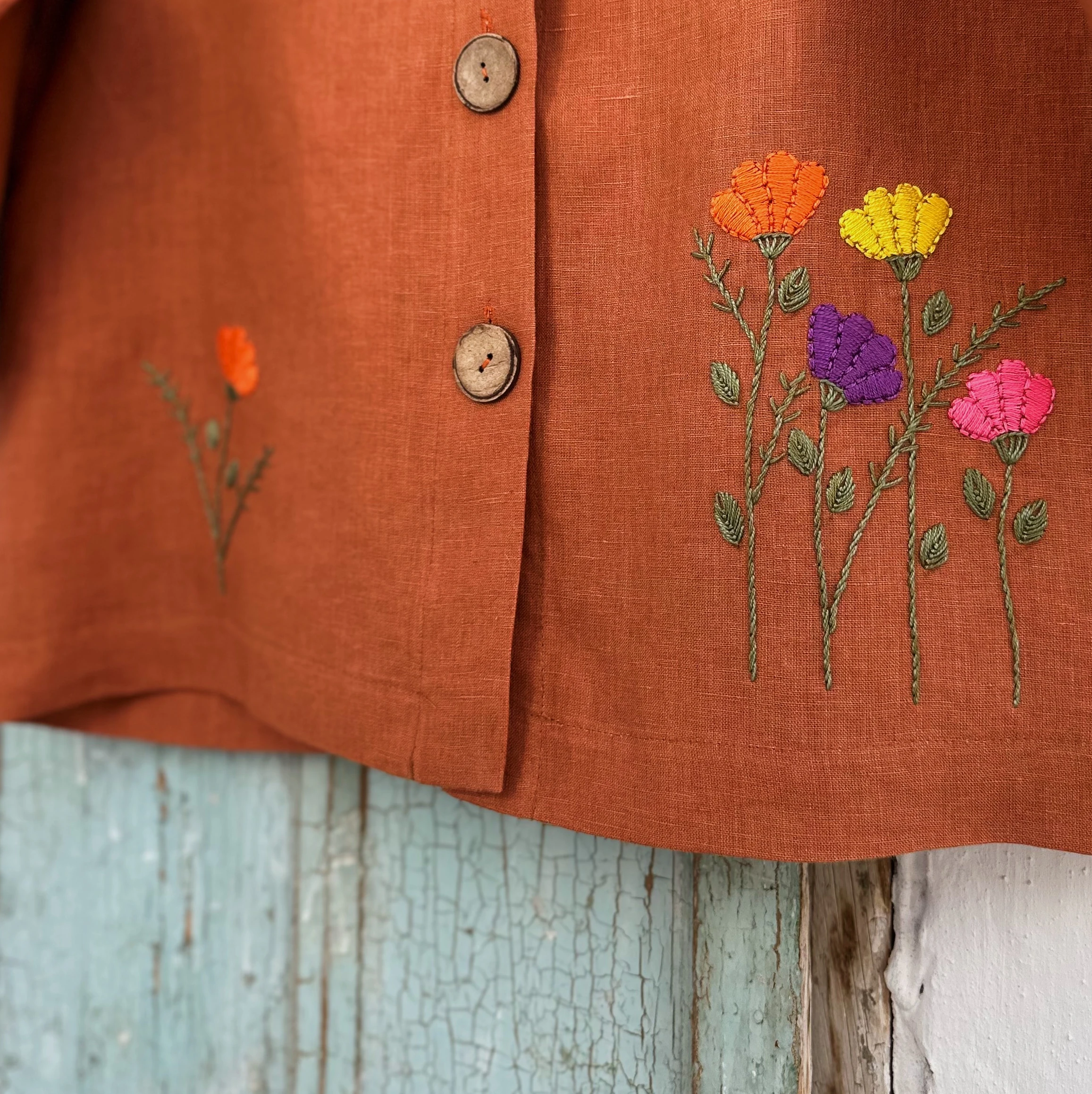 Bahar Çiçekleri El Nakışlı İpek Keten Ceket (Standart Beden)