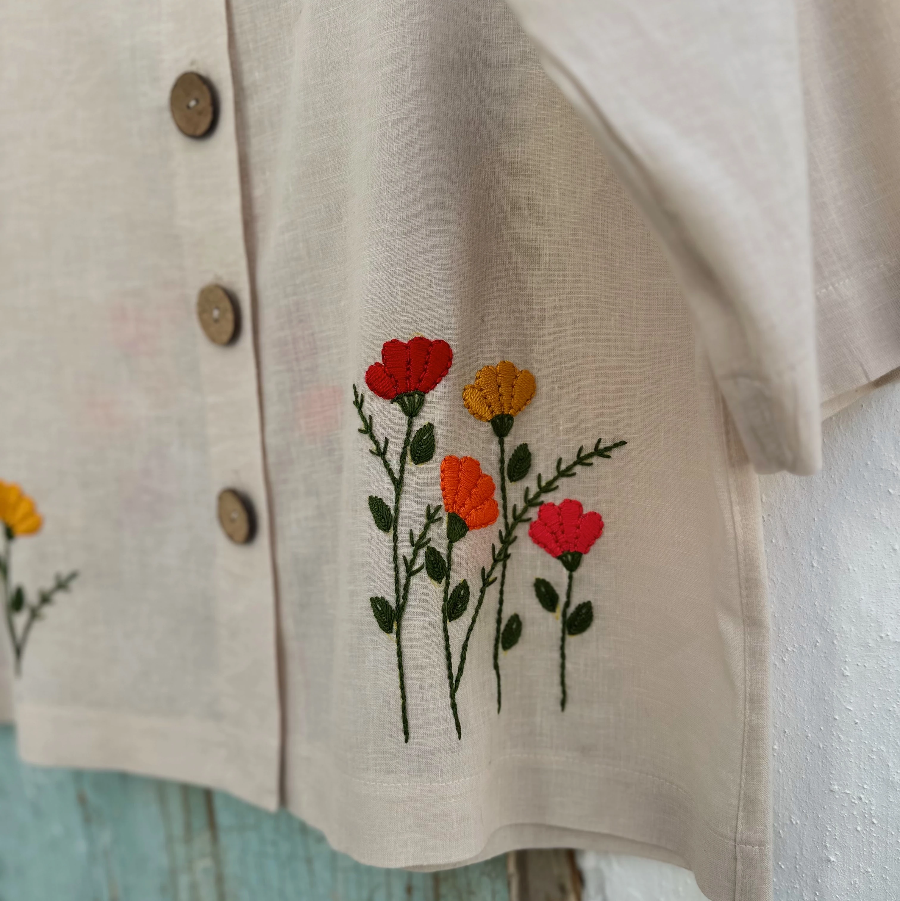 Bahar Çiçekleri El Nakışlı İpek Keten Ceket (Standart Beden)