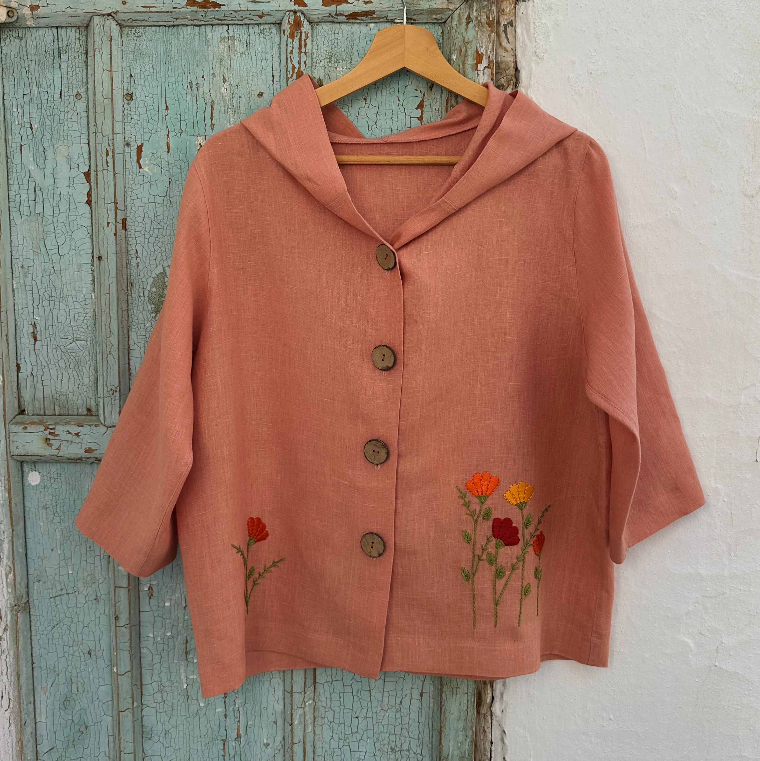 Bahar Çiçekleri El Nakışlı İpek Keten Ceket (Standart Beden)