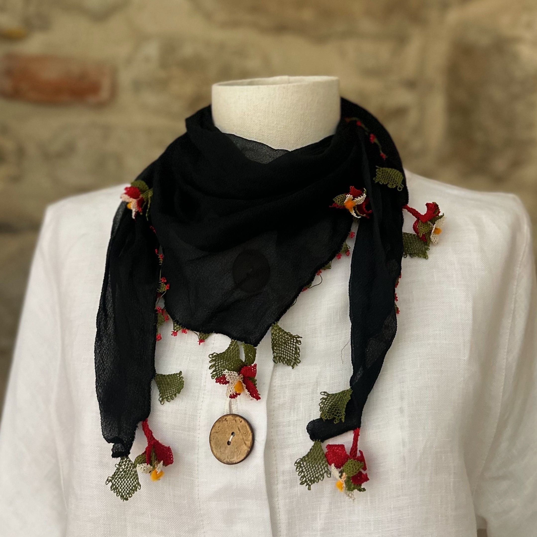 İğne Oyalı İpek Fular - Siyah