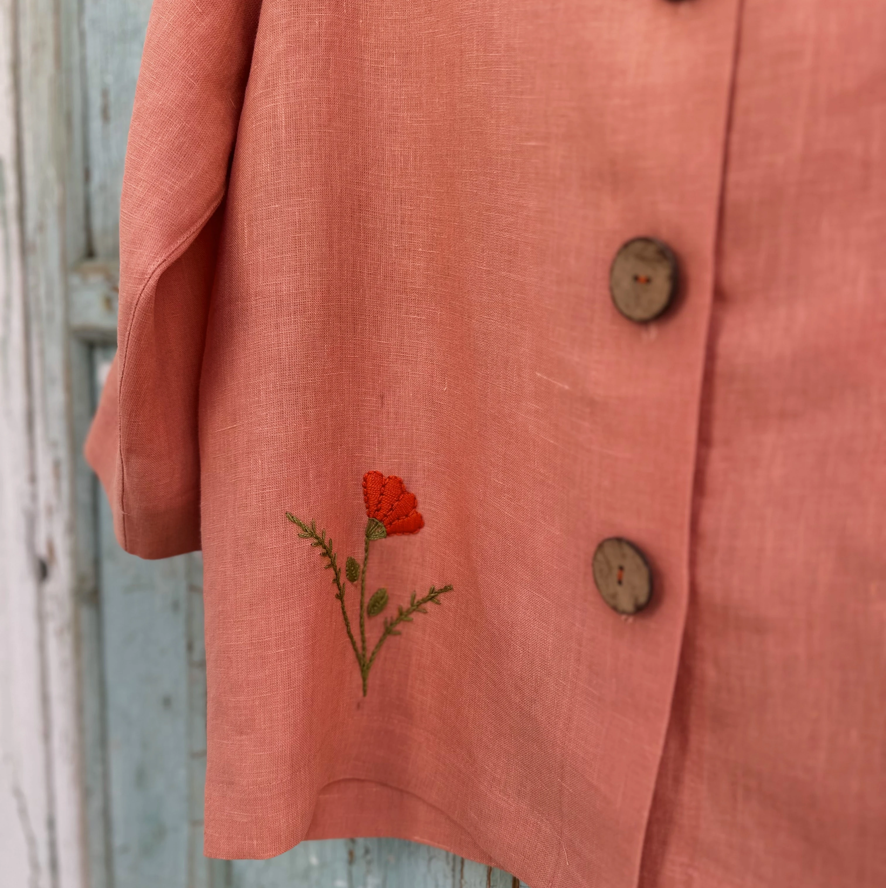 Bahar Çiçekleri El Nakışlı İpek Keten Ceket (Standart Beden)