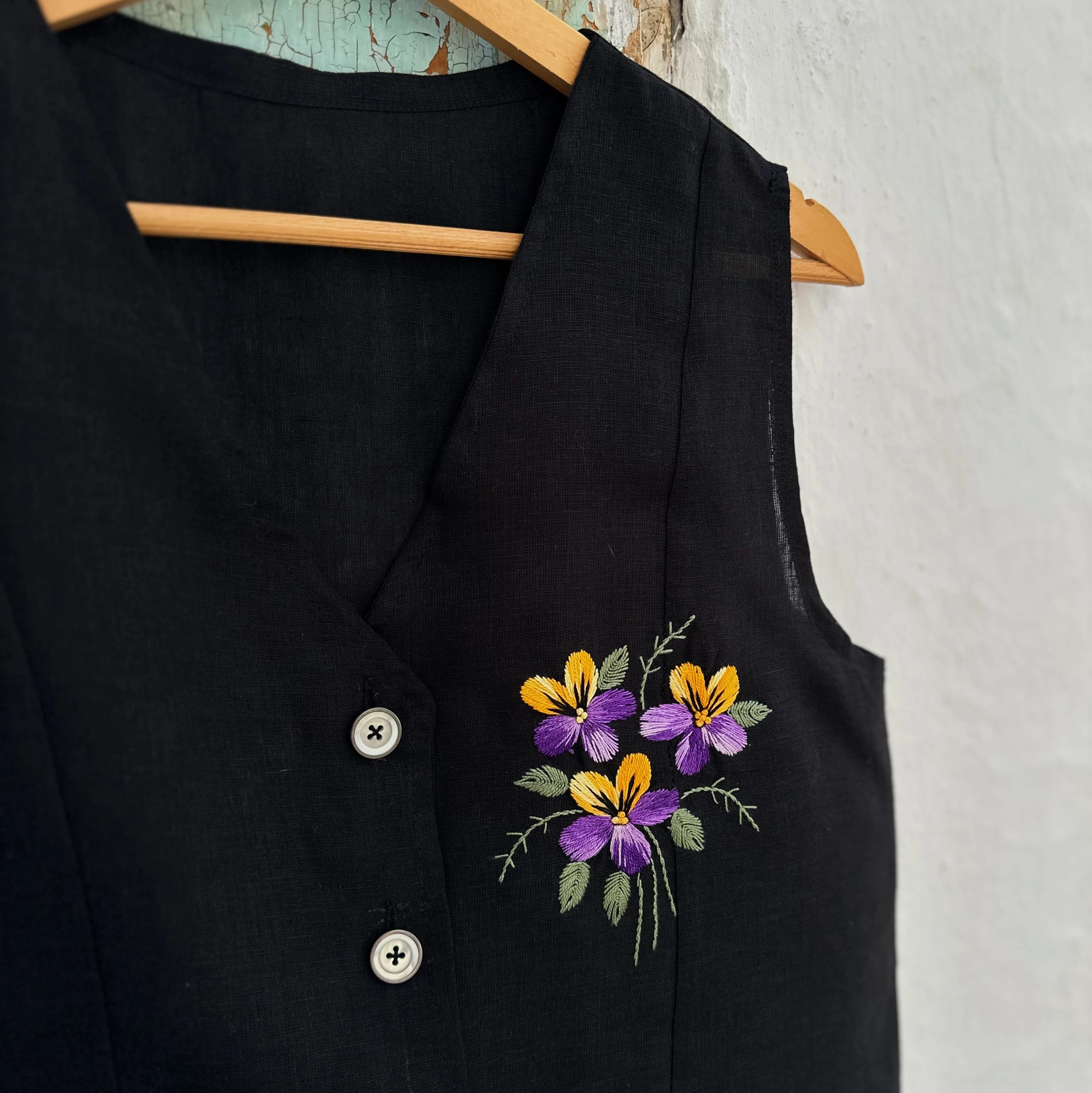 Menekşe El Nakışlı İpek Keten Yelek (38 Beden)