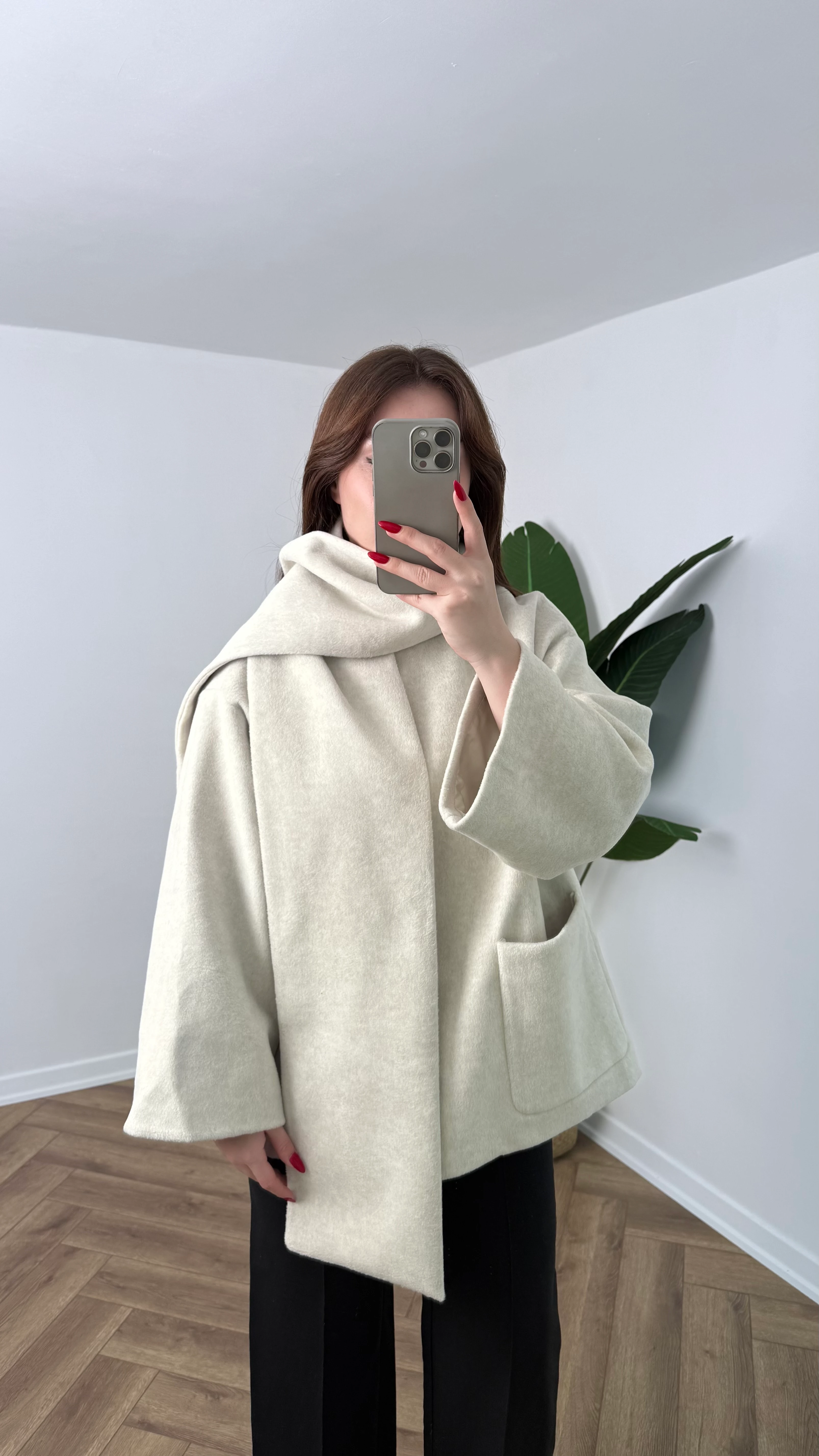 Yeni Sezon Premium Kaşe Atkılı Kaban - Ekru