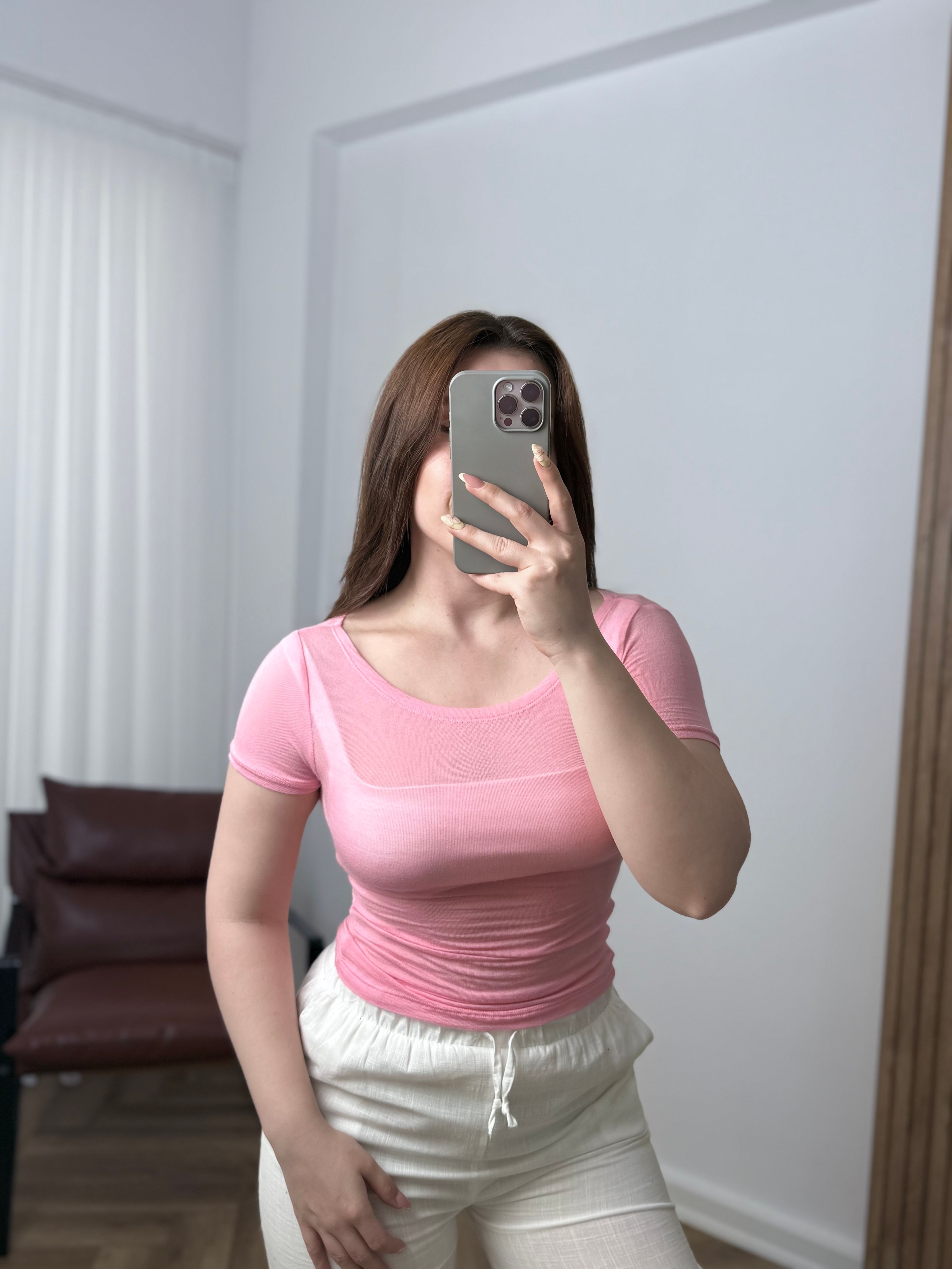 OYS Kısa Kollu Kayık Yaka Transparan Body - Pembe