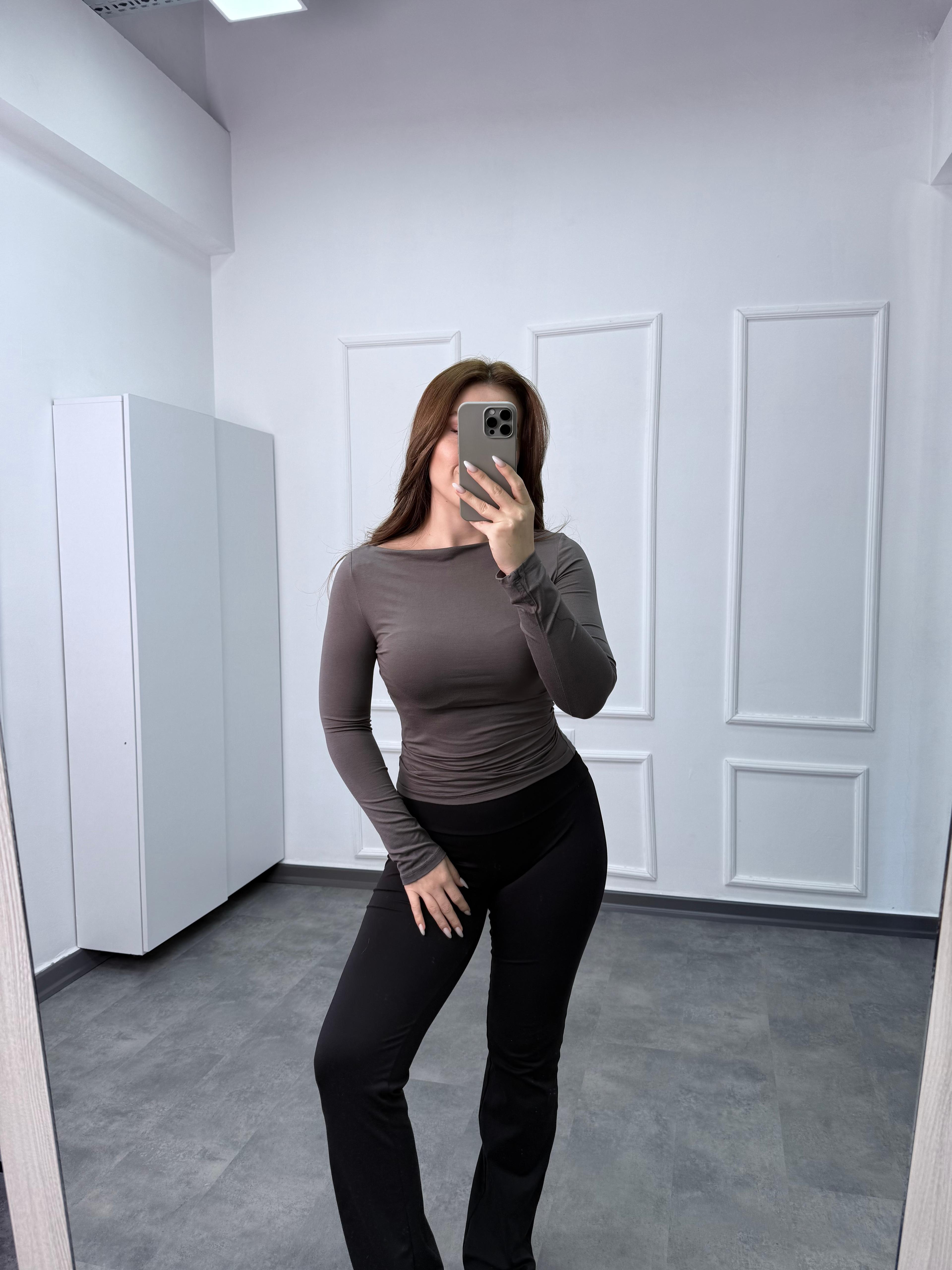 Kayık Yaka Büzgü Detaylı Pamuk Penye Body - Antrasit
