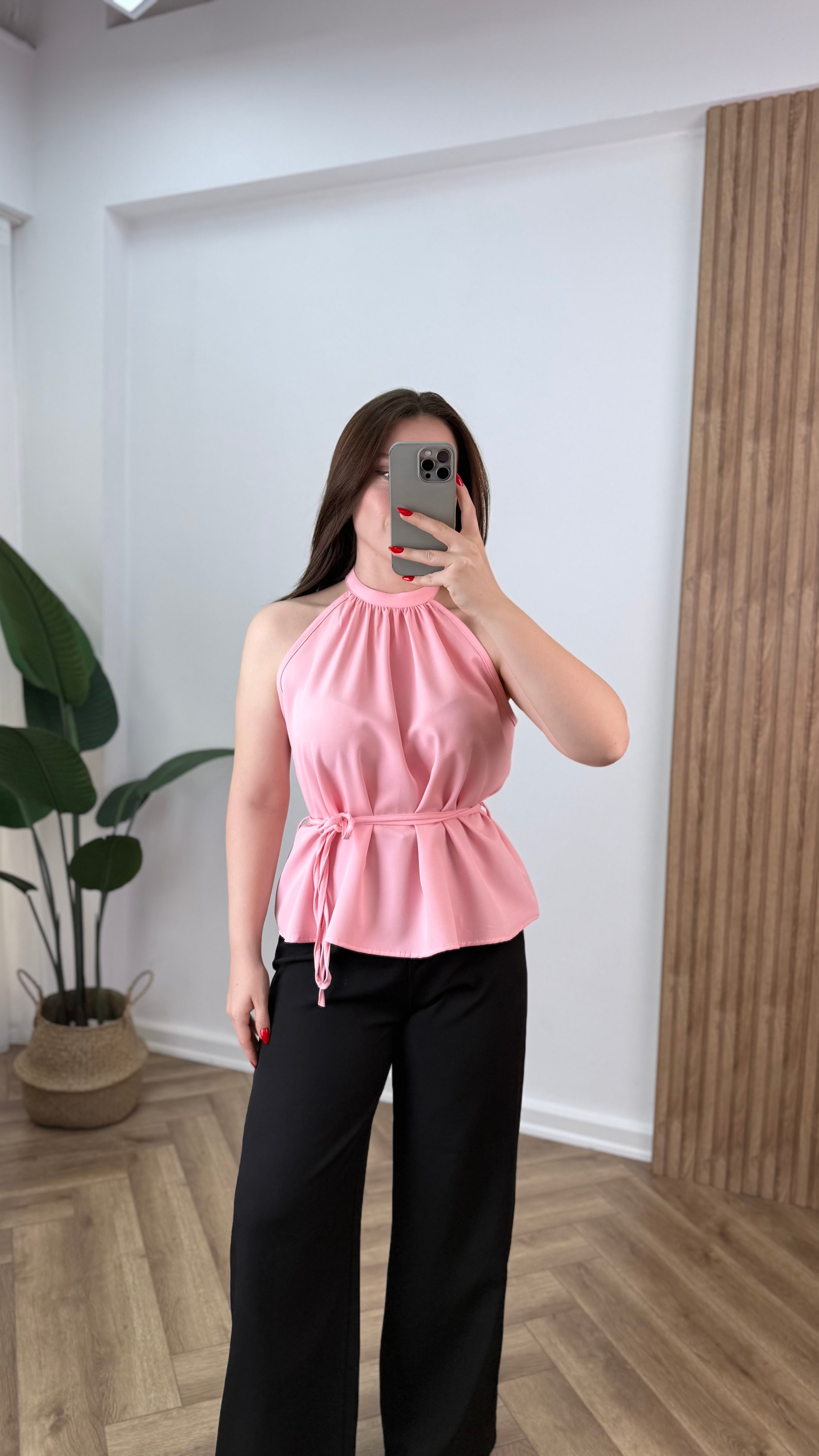 Halter Yaka İp Detaylı Şık Bluz - Pembe