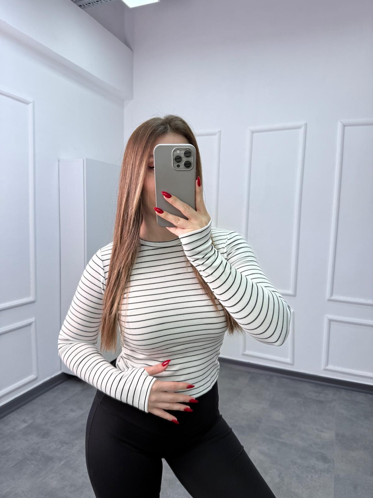 OYS Çizgili Pamuk Penye Parmak Geçmeli Orta Bel Body - Ekru