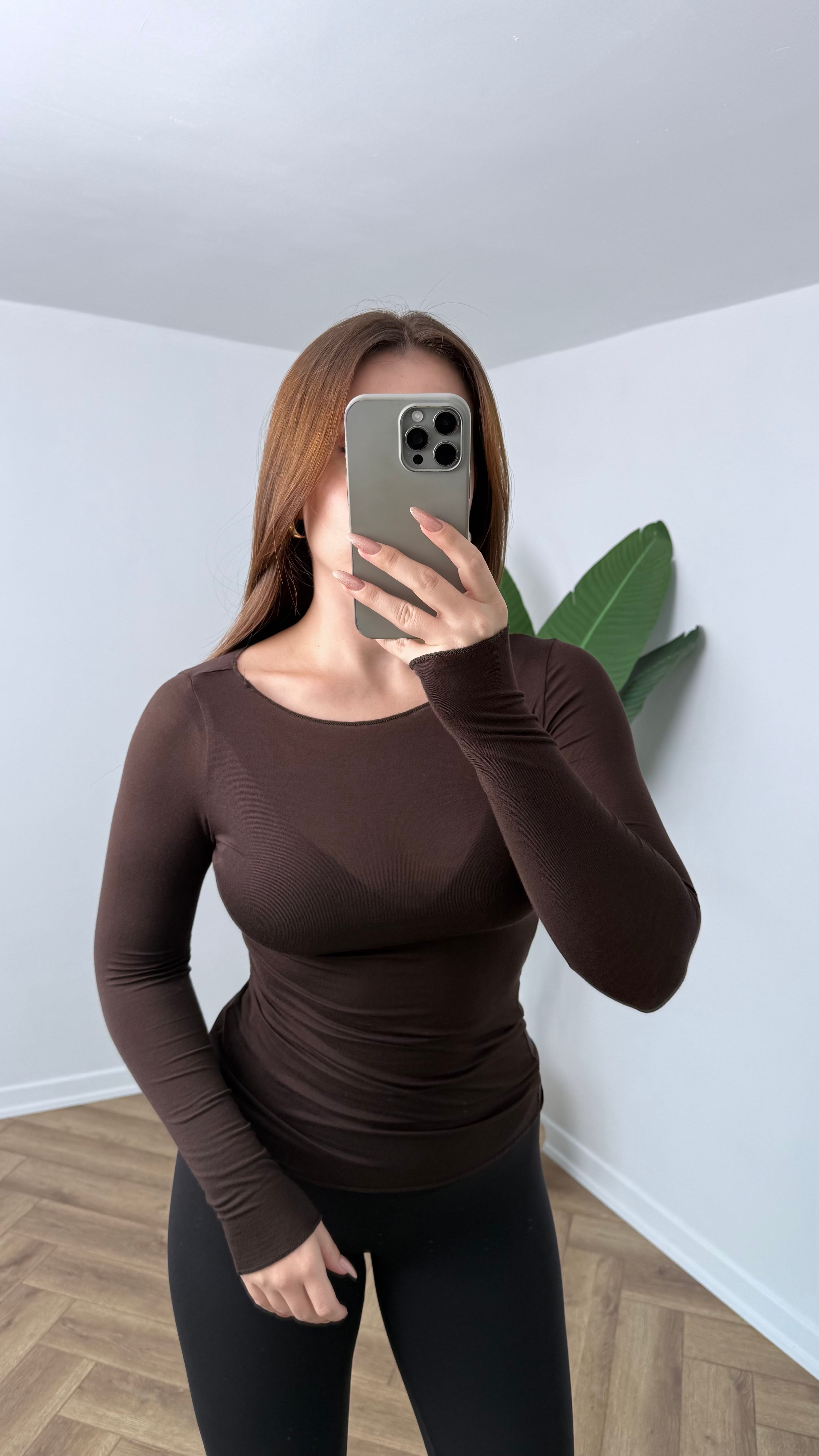 Yeni Sezon Premium Transparan Kayık Yaka Tam Bel Boy Body - Kahverengi